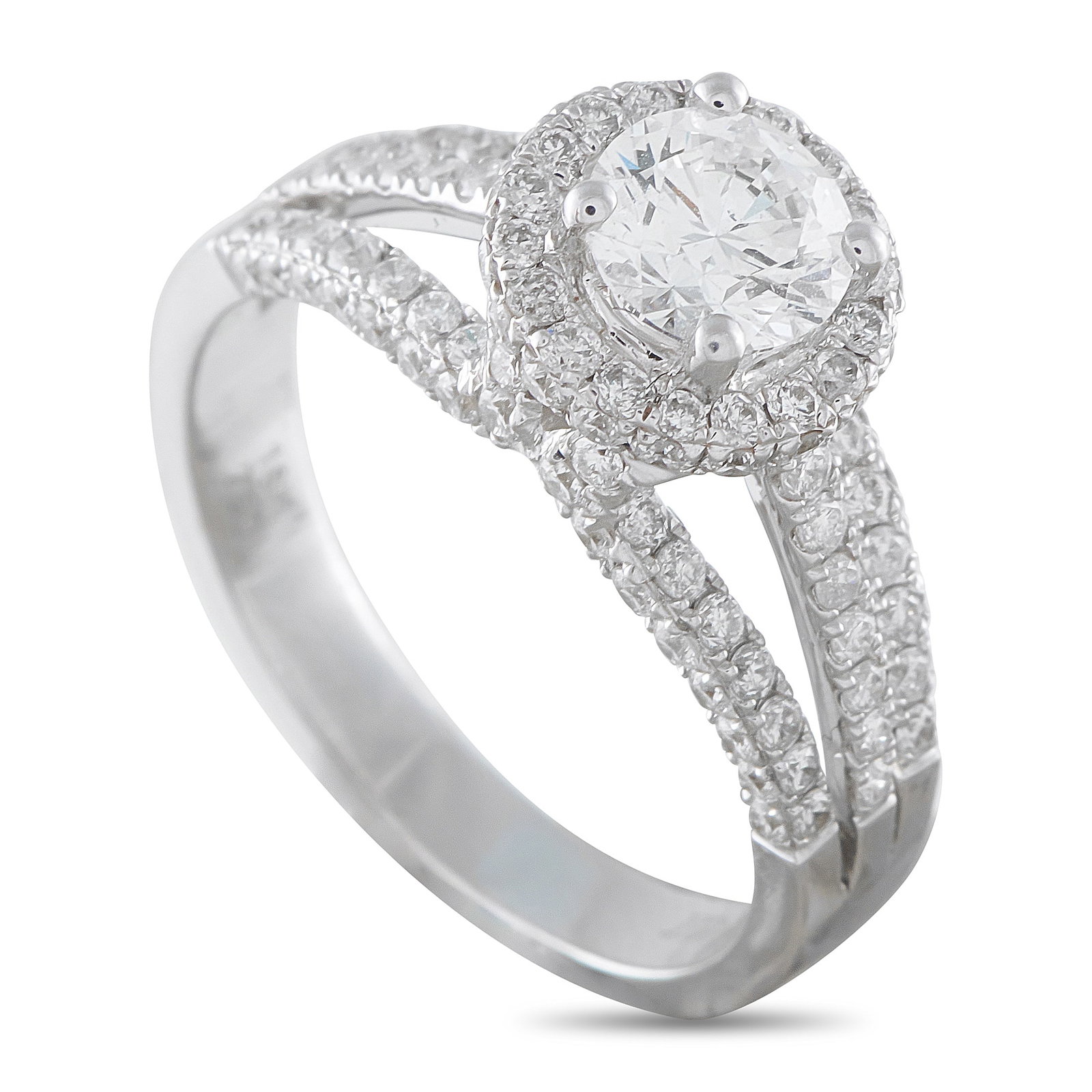 18K White Gold 1.13ct Diamond Ring: This dazzling ring will never go out of style. The classic 18K White Gold setting beautifully showcases sparkling Diamond accents with a total weight of 0.40 carats. A 0.73 carat round-cut Diamond cen