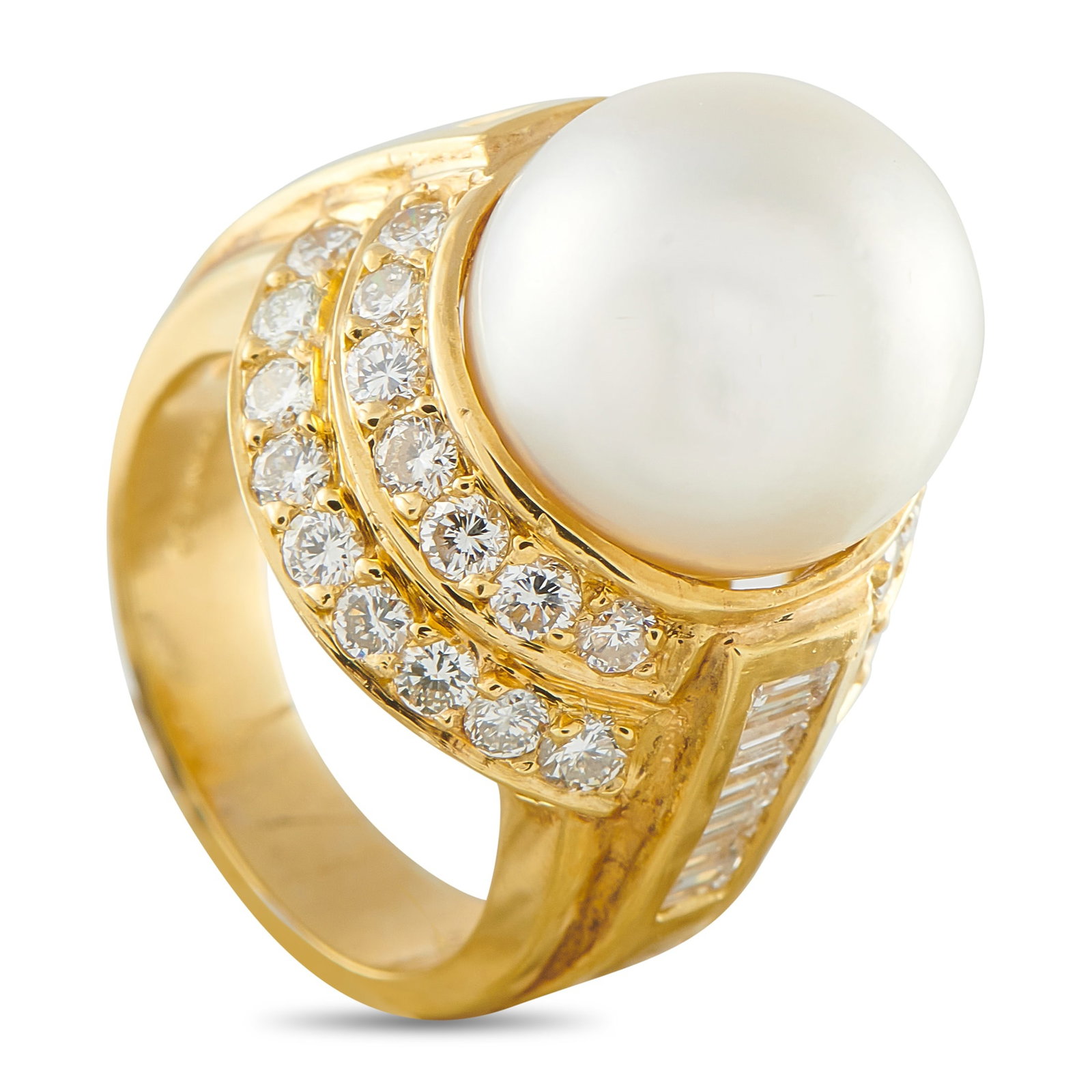 18K Yellow Gold 1.60ct Diamond and Pearl Ring: This ring is unique and exquisite in design. Set in 18K Yellow Gold, Diamond accents totaling 1.60 carats offer a timeless touch of luxury. The striking 13mm Pearl center stone makes it simply unforge