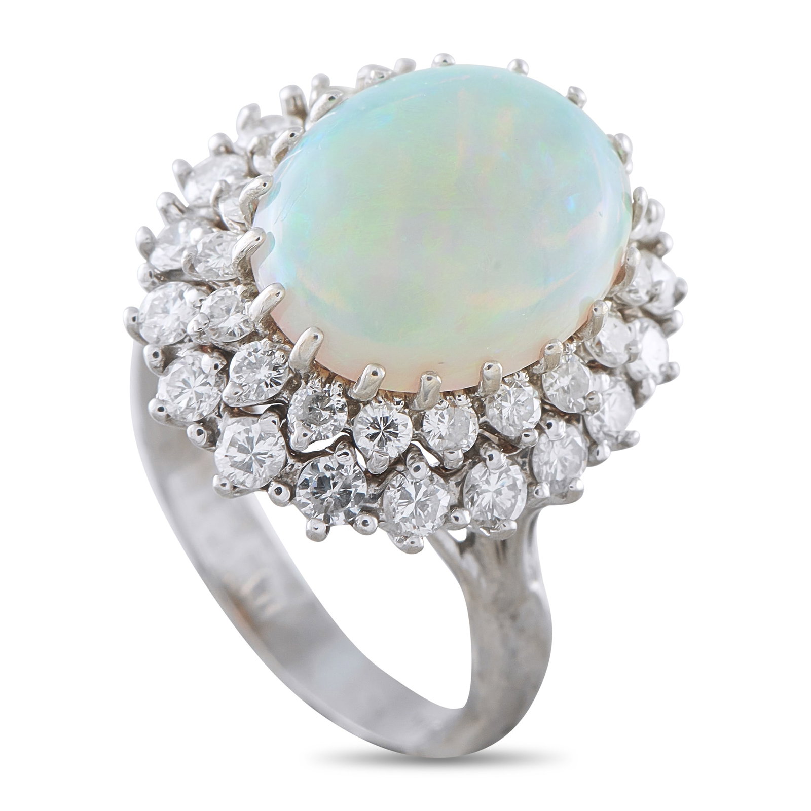 14K White Gold 1.50ct Diamond and Opal Ring: A detailed 14K White Gold setting makes this luxury ring breathtaking from any angle. Ideal for even your most special occasions, sparkling Diamonds with a total weight of 1.50 carats surround this pi