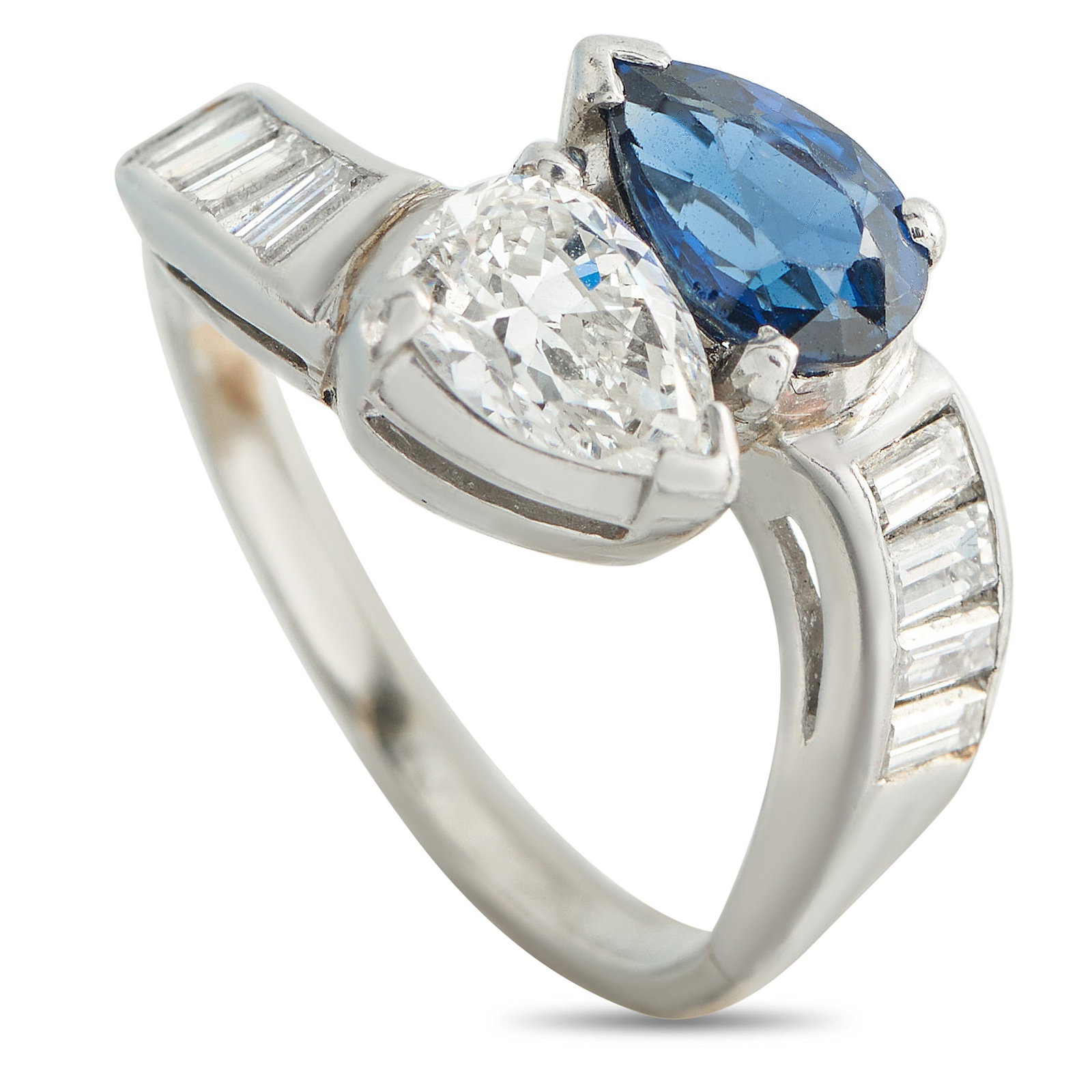 Platinum 1.30ct Diamond and Sapphire Ring: This luxury ring is incredibly chic. On this piece, a 0.95 carat pear-shaped Diamond is perfectly paired with a 1.05 carat Sapphire. Additional Diamond accents totaling 0.35 carats extend onto the