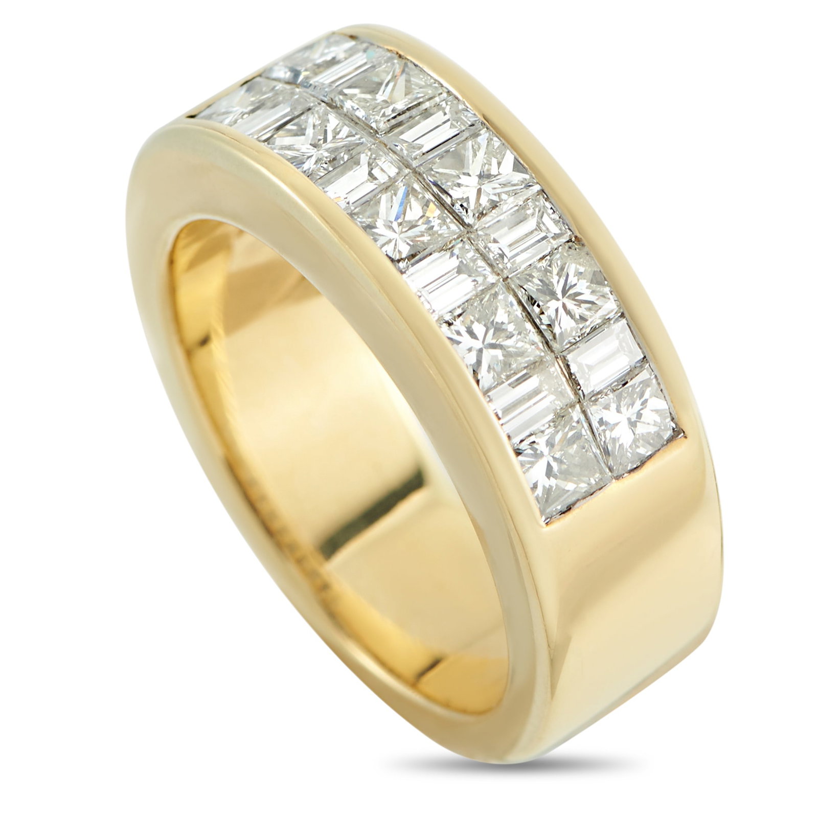 18K Yellow Gold 2.0ct Diamond Ring: This luxury ring is sleek and incredibly sophisticated. At the center of this piece’s 18K Yellow Gold setting, Diamonds with a total weight of 2.0 carats effortlessly emanate light. It measures 6mm 