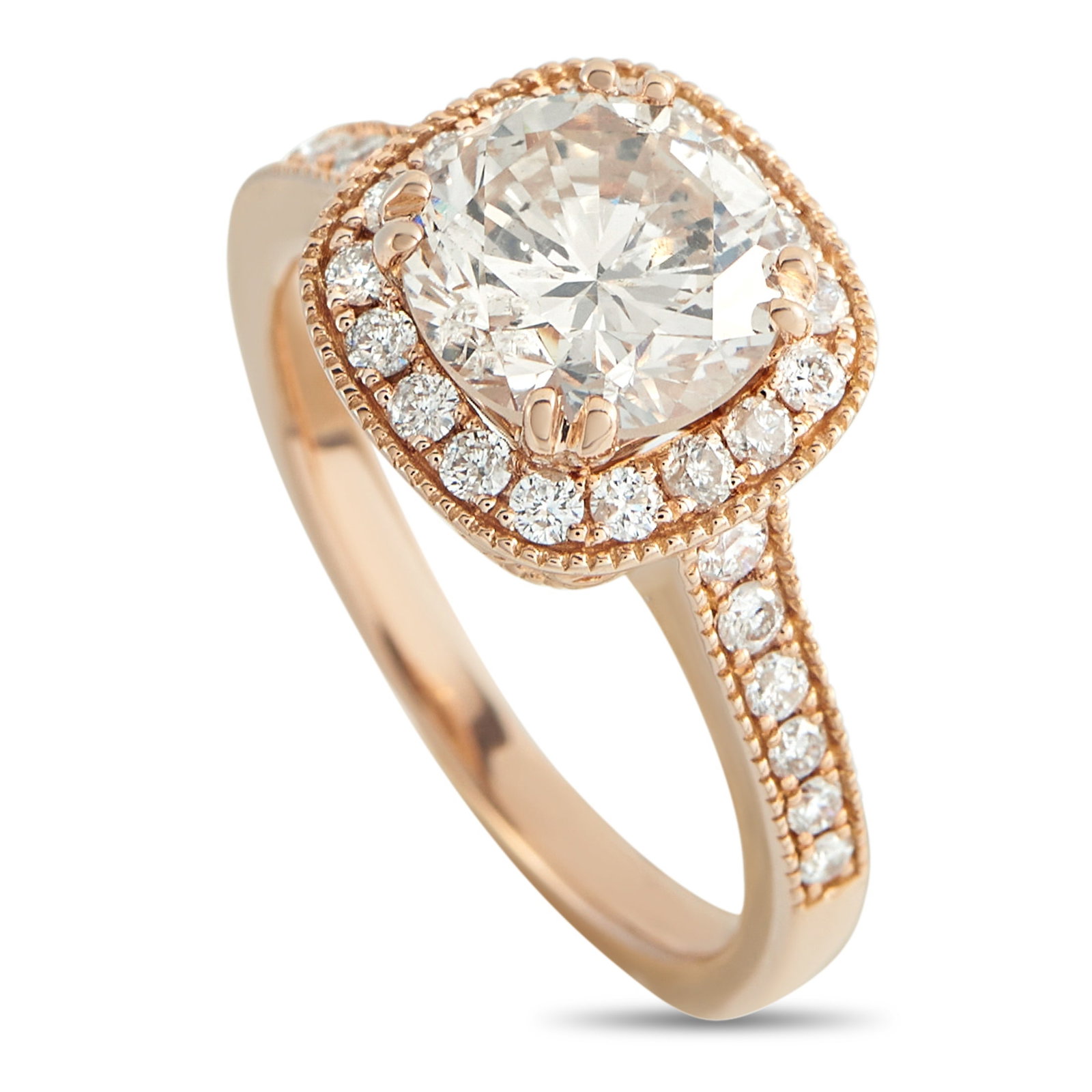 14K Rose Gold 2.28ct Diamond Ring: This luxury ring is designed to effortlessly catch the light. The classically elegant design features a 1.80 carat Diamond center stone surrounded by additional Diamond accents totaling 0.48 carats. S
