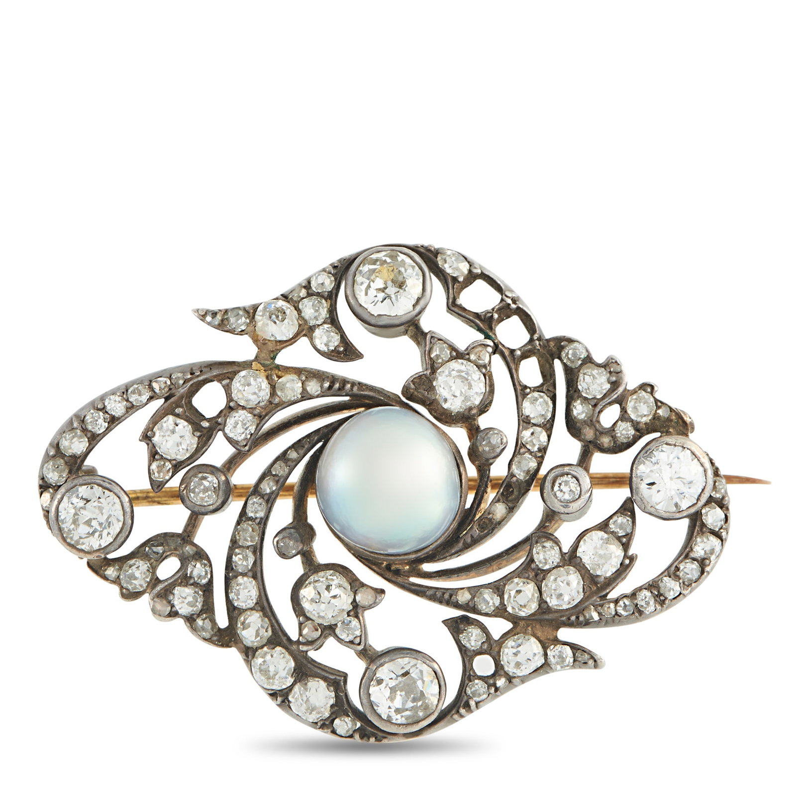 Antique Edwardian 14K Rose Gold and Silver 3.0ct Diamond and Pearl Brooch: This antique Edwardian brooch exudes old fashioned elegance. Intricate metalwork shines to life thanks to sparkling Diamonds with a total weight of approximately 3.0 carats. At the center, a Pearl pro