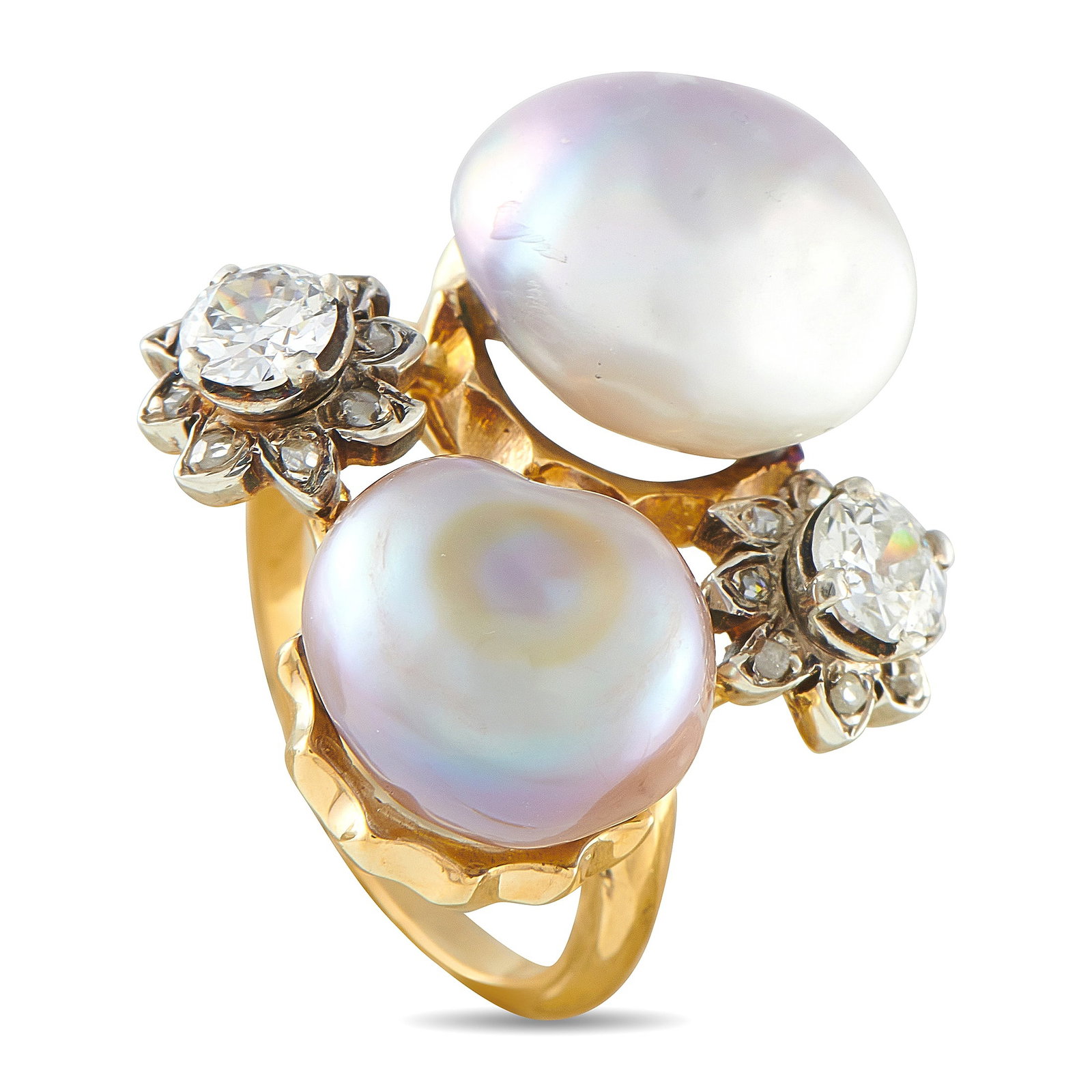 Antique 18K Yellow Gold 0.50ct Diamond and Natural Pearl Ring: This antique ring is ideal for anyone who appreciates uncommon elegance. The unique design perfectly pairs luminous natural pearl center stones with sparkling Diamond accents totaling 0.50 carats. Set