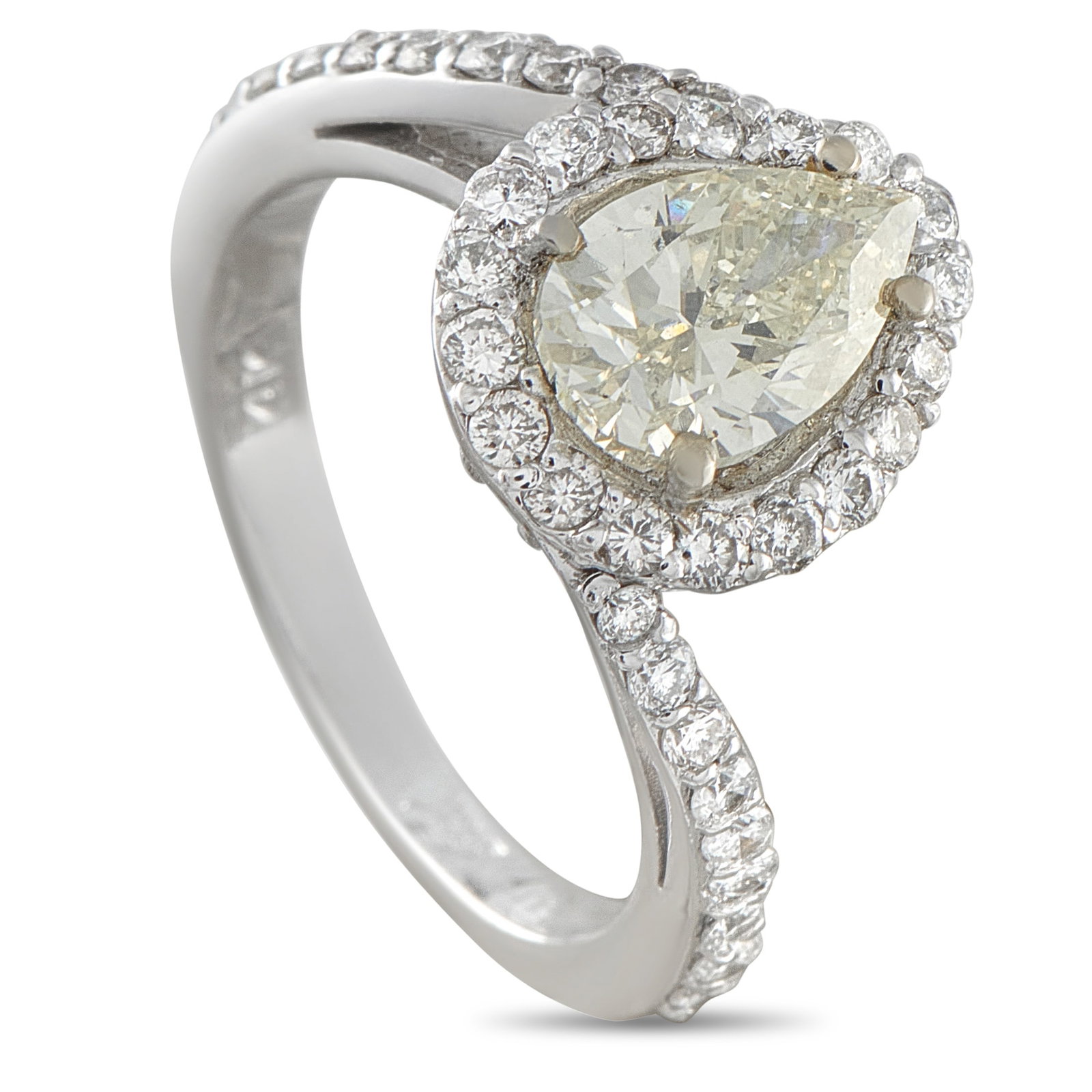 14K White Gold 2.62ct Diamond Pear Ring: Built around a prominent 1.90 ct pear-shaped center diamond, this ring carries the classic focus of a solitaire with a bypass form that suggests two sides meeting at the center. The 14K white gold ban