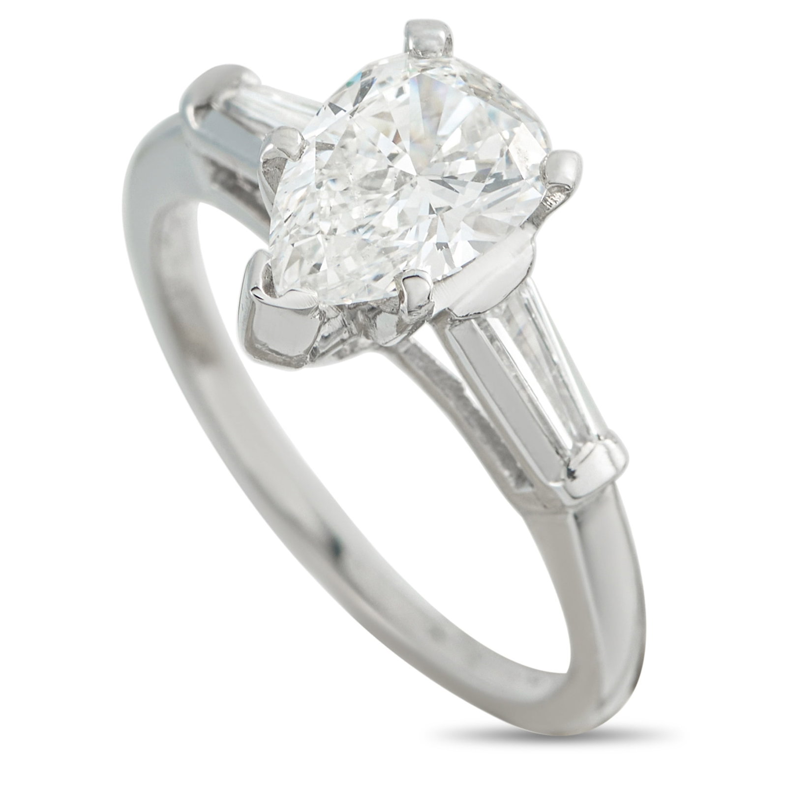 Platinum 1.50ct Diamond Ring: A classically elegant design makes this luxury ring a timeless addition to any jewelry collection. Set in Platinum, it includes a 1.15 carat pear-shaped Diamond center stone and additional Diamond acc