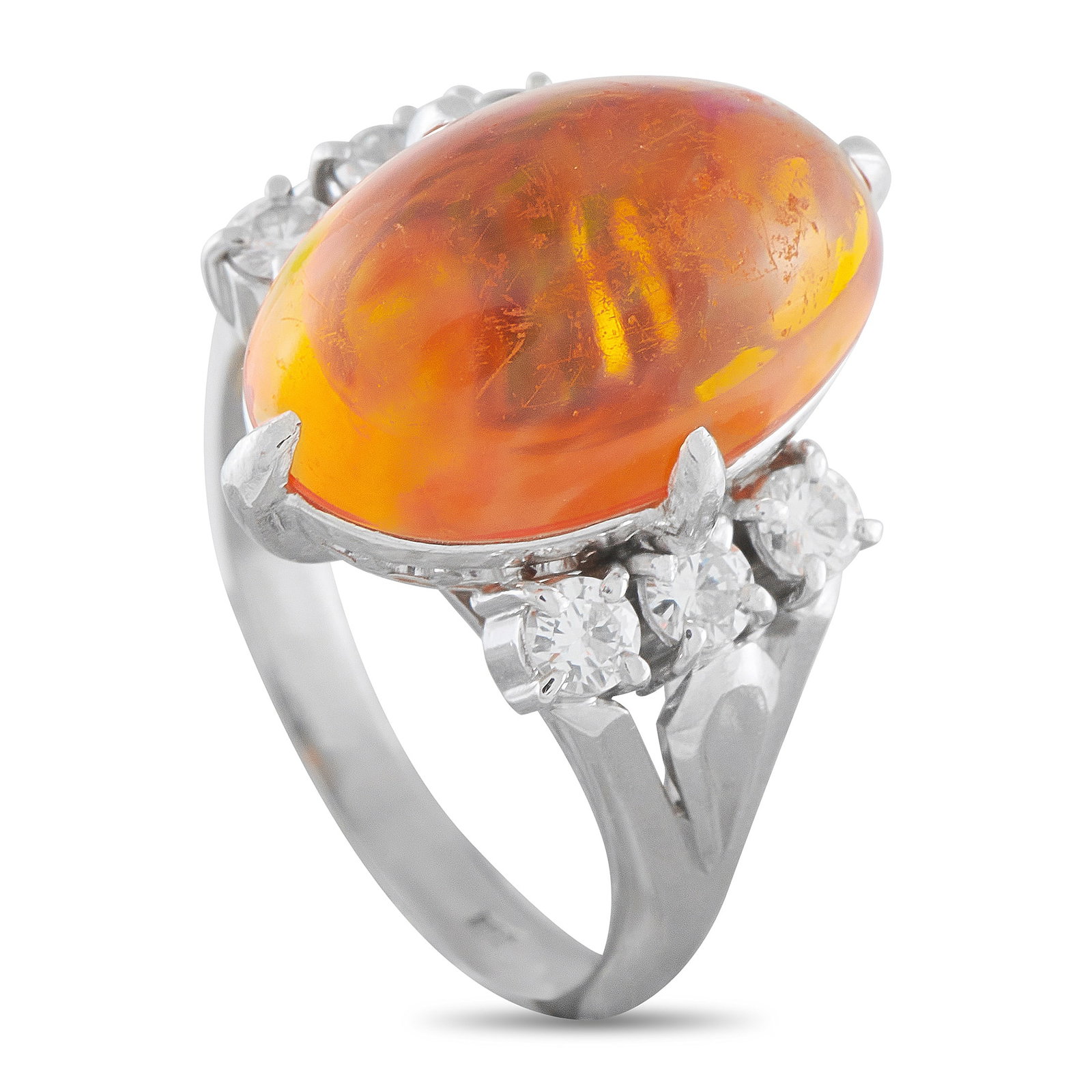 Platinum 0.52ct Diamond and Opal Ring: Add a vibrant splash of color to any ensemble with this luxury ring. A 7.93 carat orange-hued Opal center stone makes it instantly captivating. The ornate Platinum setting also comes complete with