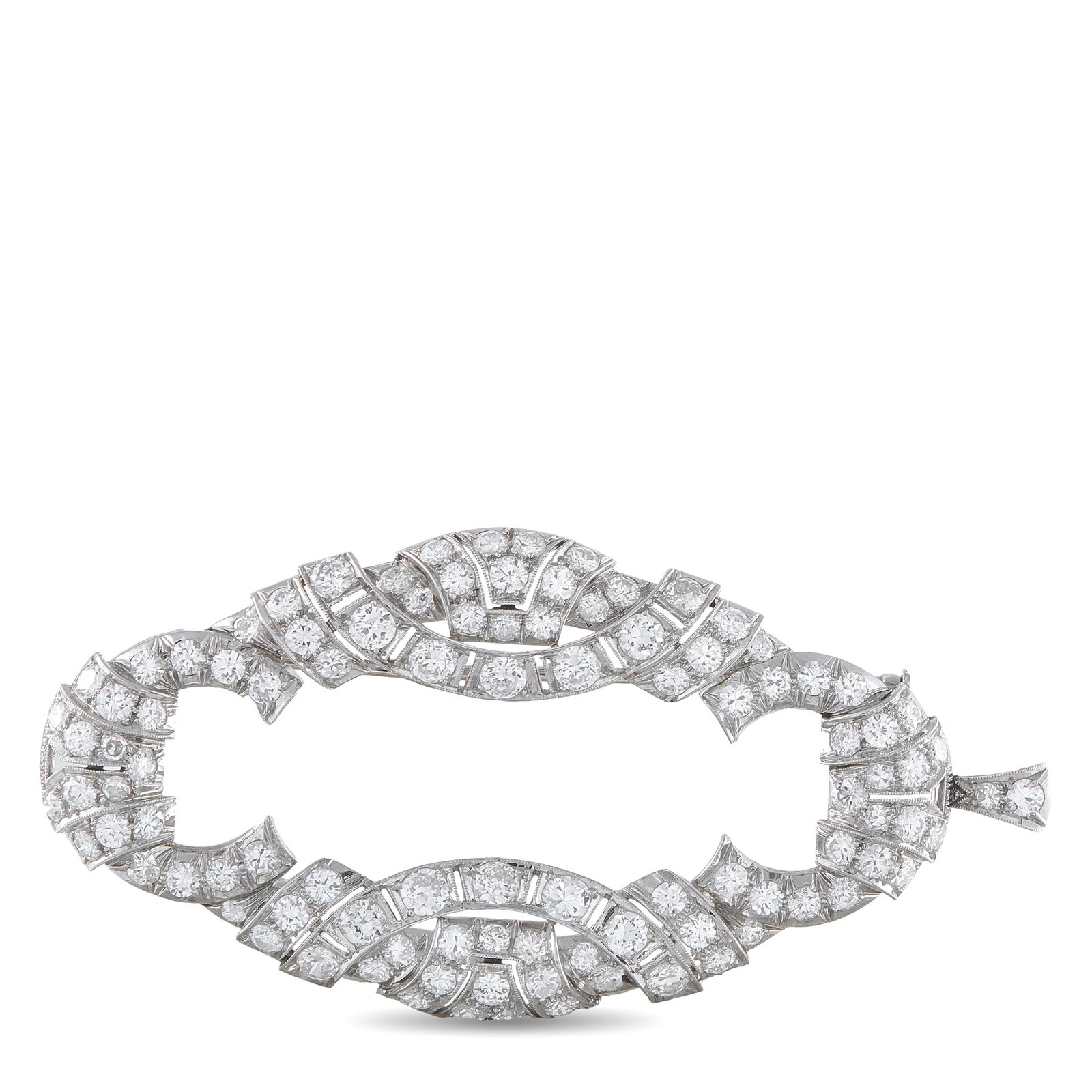 Antique 18K White Gold 5.0ct Diamond Plaque Brooch: A magnificent antique plaque brooch in 18-karat white gold, densely pave-set with diamonds totaling 5.00 ct across an elongated undulating form with two open oval cutout windows — a masterwork of ea