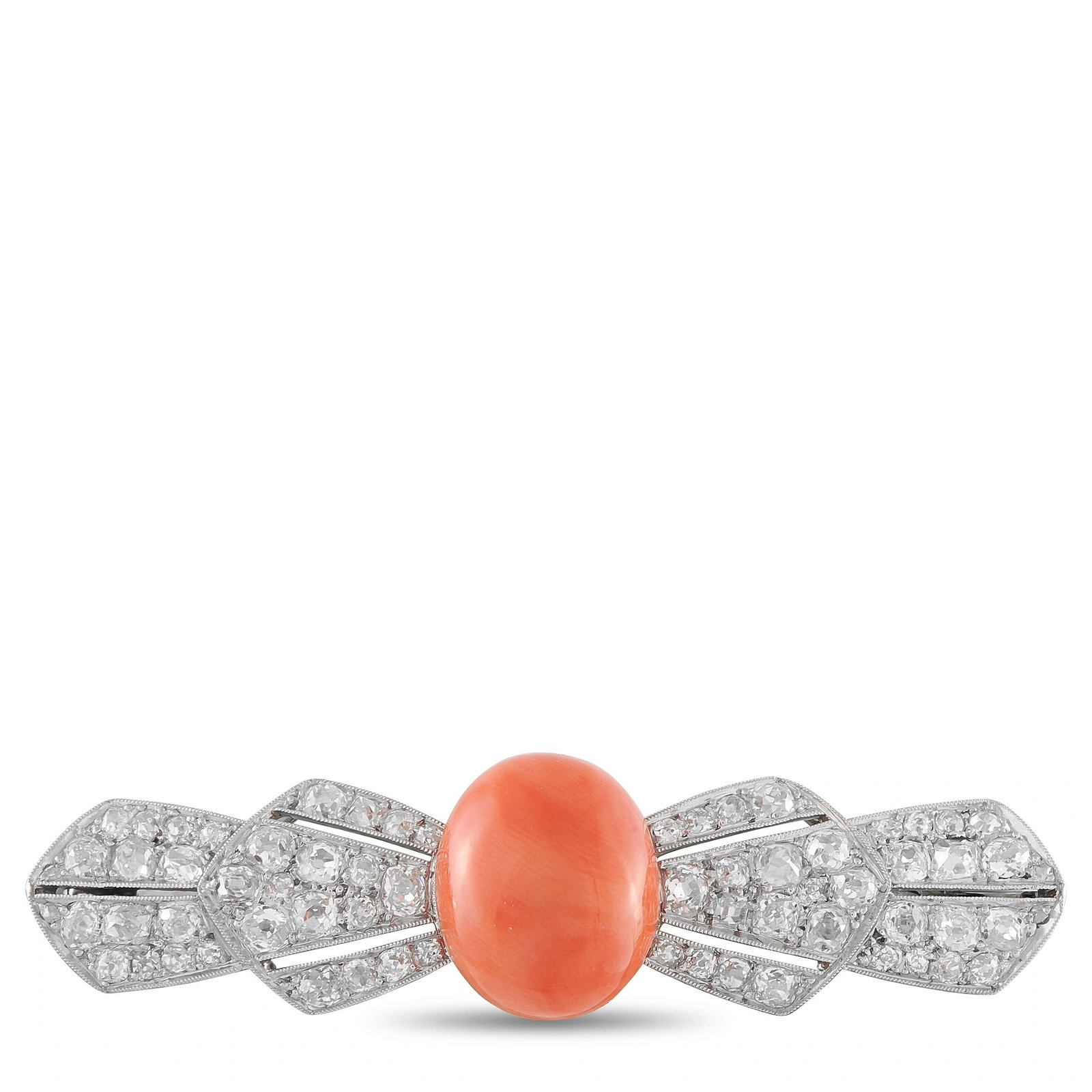 Antique Platinum 2.4ct Diamond and Coral Bar Brooch: An antique bar brooch in platinum, centering an oval coral cabochon between two diamond-pave fan-shaped ends — each radiating with diamonds totaling 2.4 ct — in a refined antique format. Weighing 