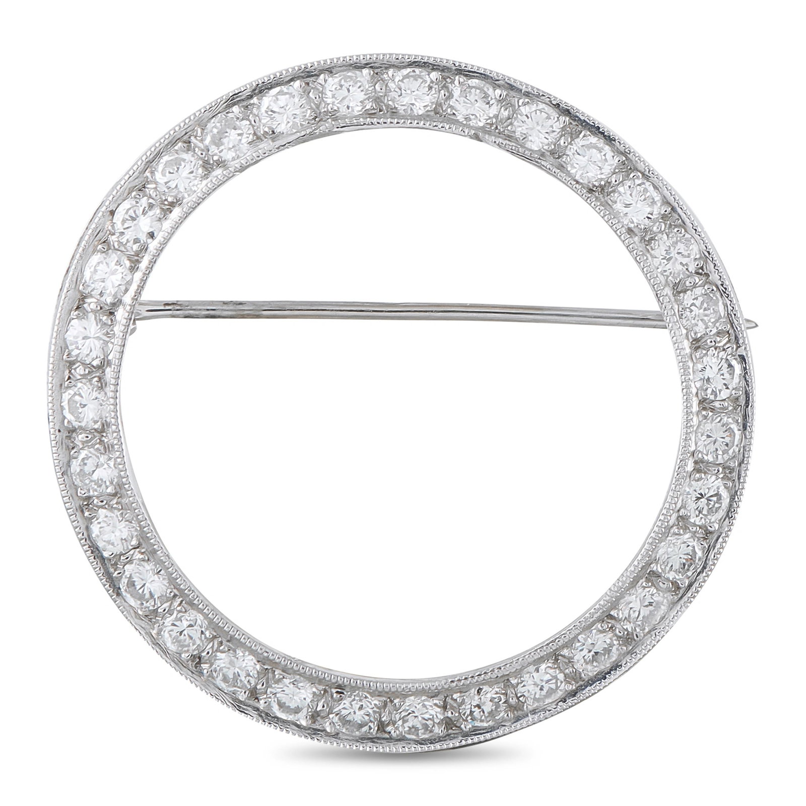 Platinum 1.50ct Diamond Circular Brooch: This brooch is stunning in its simplicity. The circular Platinum setting effortlessly catches the light thanks to sparkling diamonds with a total weight of 1.50 carats. It measures 1.25” round a