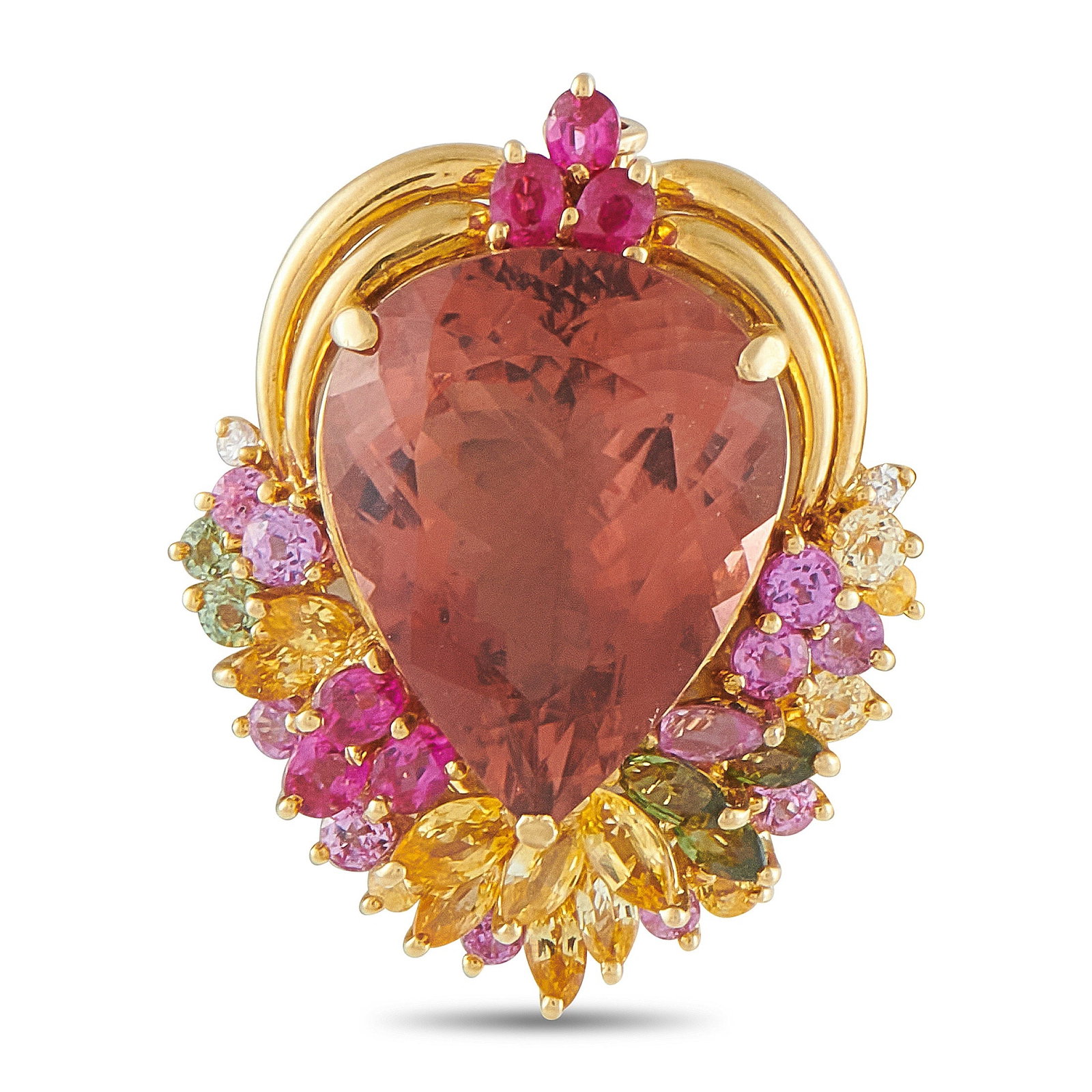 18K Yellow Gold 13.12ct Tourmaline and Sapphire Pendant: An array of colors makes this luxury pendant impossible to ignore. This playful piece features multicolored Sapphire accents with a total weight of 2.85 carats, which surround the striking pear-shaped
