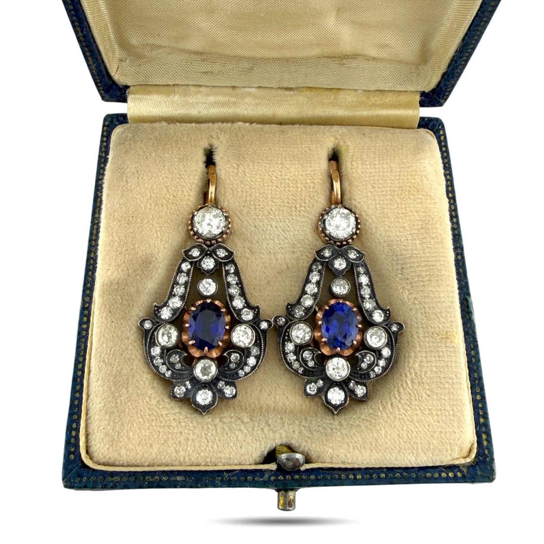 Feodor Lorie Exclusive Imperial Russian 56 Rose Gold 4.00ct Diamond and 2.40ct Sapphire Dangle: Feodor Lorie Exclusive Imperial Russian 56 Rose Gold 4.00ct Diamond and 2.40ct Sapphire Dangle These Imperial Russian earrings are crafted in 14K rose gold, equivalent to the traditional 56 zolotnik g