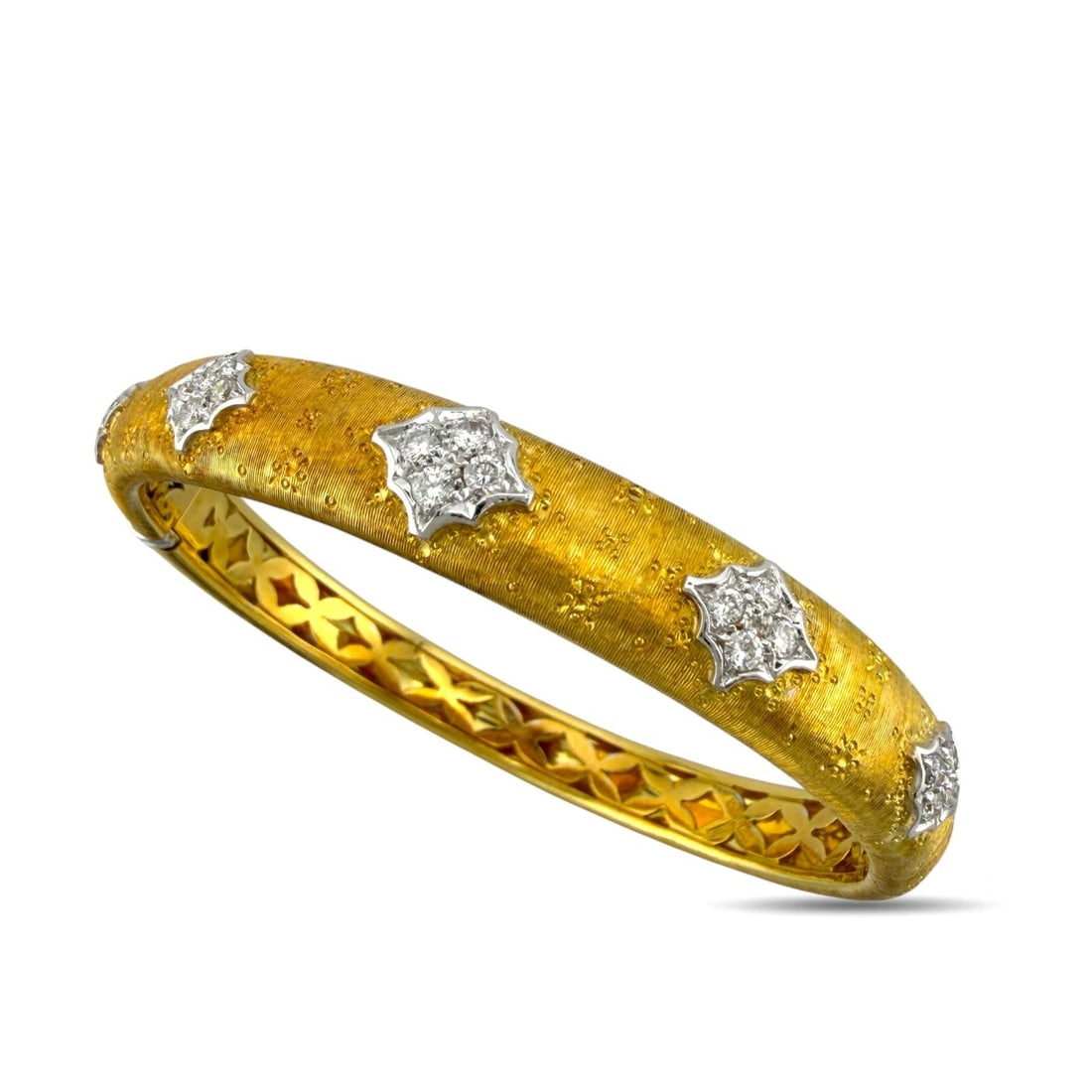 Italian 18K Yellow Gold Brushed 0.60ct Diamond Hinged Bracelet: Italian 18K Yellow Gold Brushed 0.60ct Diamond Hinged Bracelet This Italian made bracelet is crafted in 18K yellow gold with a refined brushed gold finish. The bracelet features a hinged clasp design 