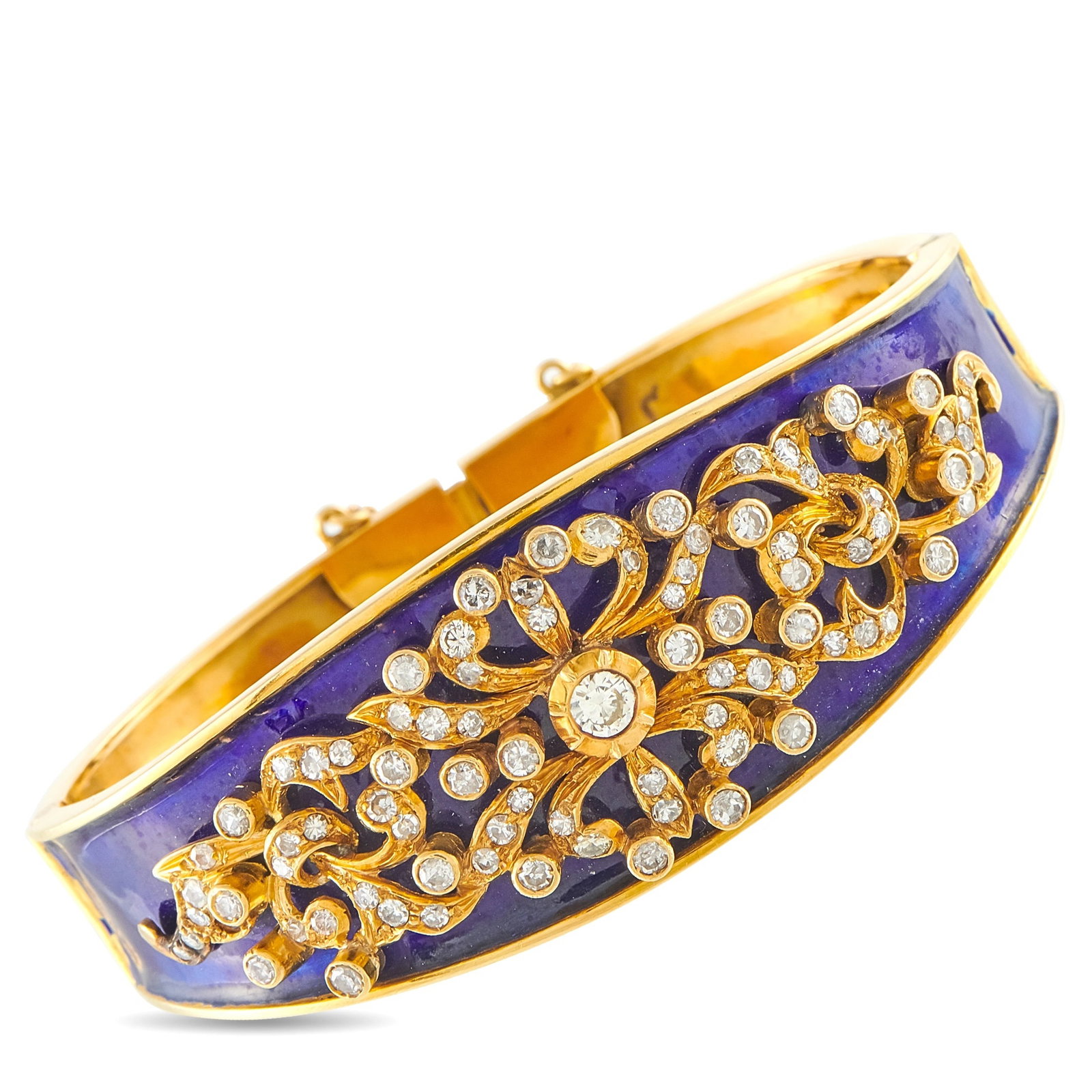 Antique 18K Yellow Gold 2.59 ctw Diamond and Blue Enamel Bangle: An extraordinary antique estate 18K yellow gold bangle bracelet featuring a deep cobalt-blue enamel ground overlaid with an elaborate pierced floral and foliate scroll in polished yellow gold, set thr