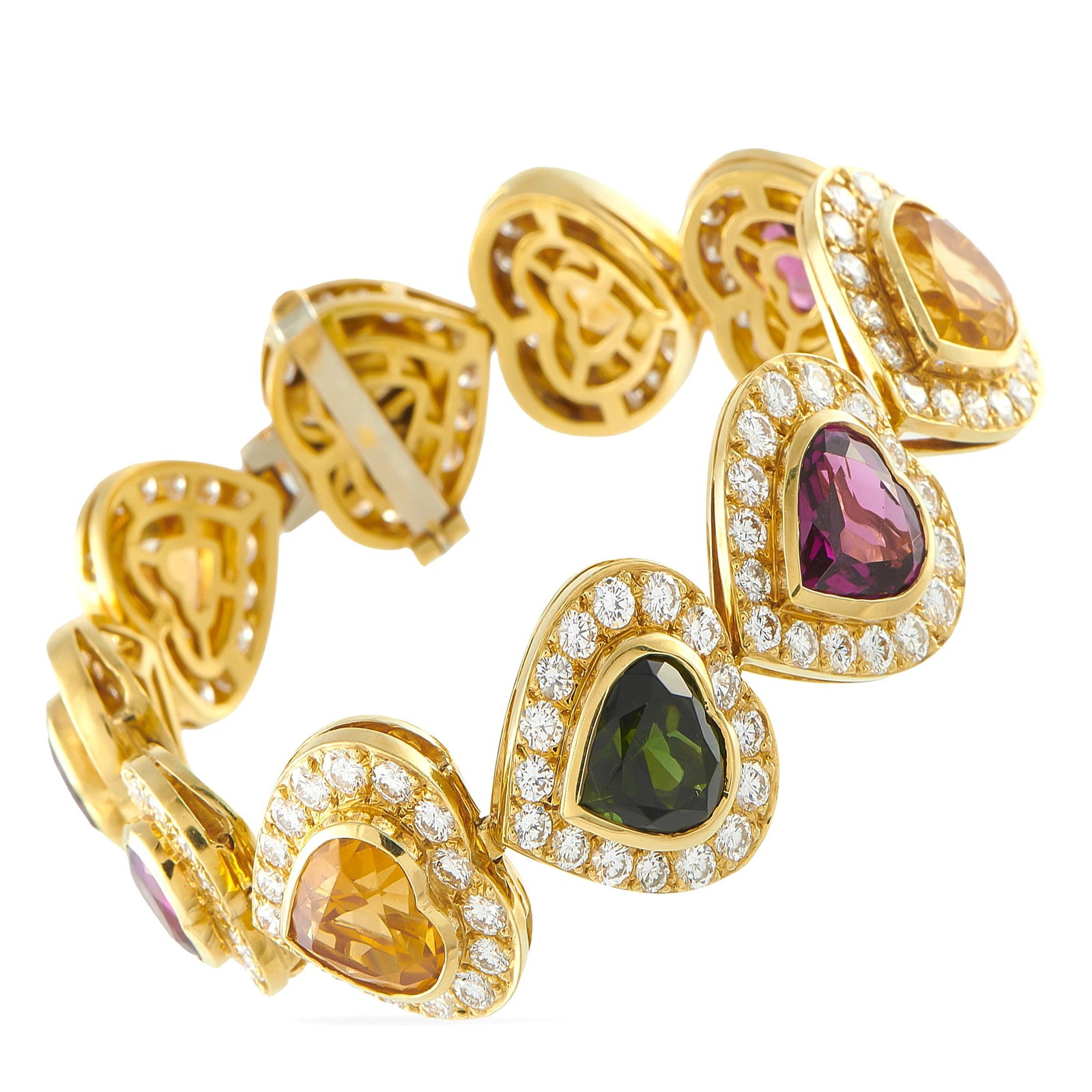 18K Yellow Gold 9.02ct Diamond, Citrine, and Tourmaline Heart Bracelet: A vibrant estate 18K yellow gold bracelet composed of heart-shaped links, each bezel-set with a colorful gemstone — including yellow and orange citrine and multi-hued tourmalines in green, pink, and