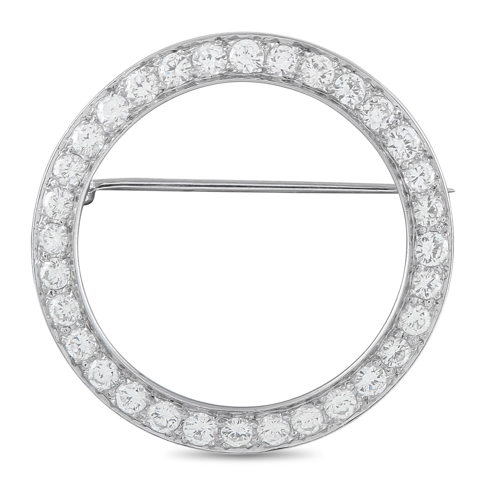 Platinum 2.0ct Diamond Eternity Circle Brooch: A sleek and timeless open circle brooch in platinum, set continuously around the entire circumference with round brilliant diamonds totaling 2.0 carats. The clean geometric design delivers uninterrupt