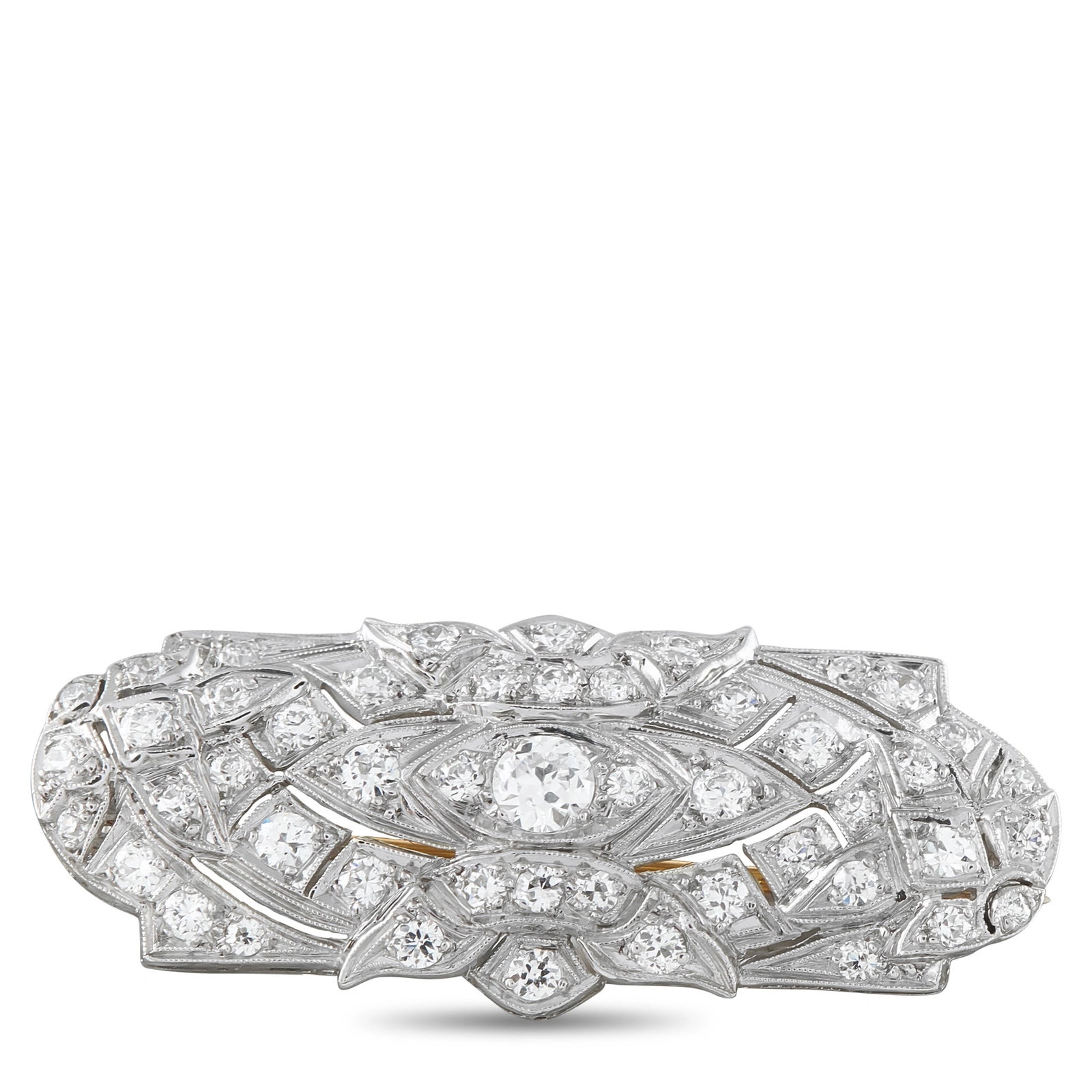Tiffany & CO. Platinum 1.50ct Diamond Art Deco Brooch: A stunning Art Deco brooch by Tiffany and Co. in platinum, set throughout with old European and single-cut diamonds totaling 1.50 carats in an elongated navette-form openwork design. The geometric mil
