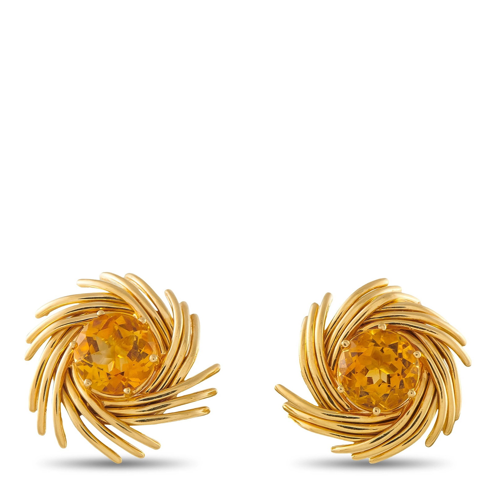 Tiffany & CO. Schlumberger 18K Yellow Gold Citrine Pinwheel Earrings: A spectacular pair of clip earrings in 18K yellow gold from Tiffany & Co.’s celebrated Schlumberger collection, crafted in the iconic Pinwheel design. Multiple polished gold wires sweep outward in a