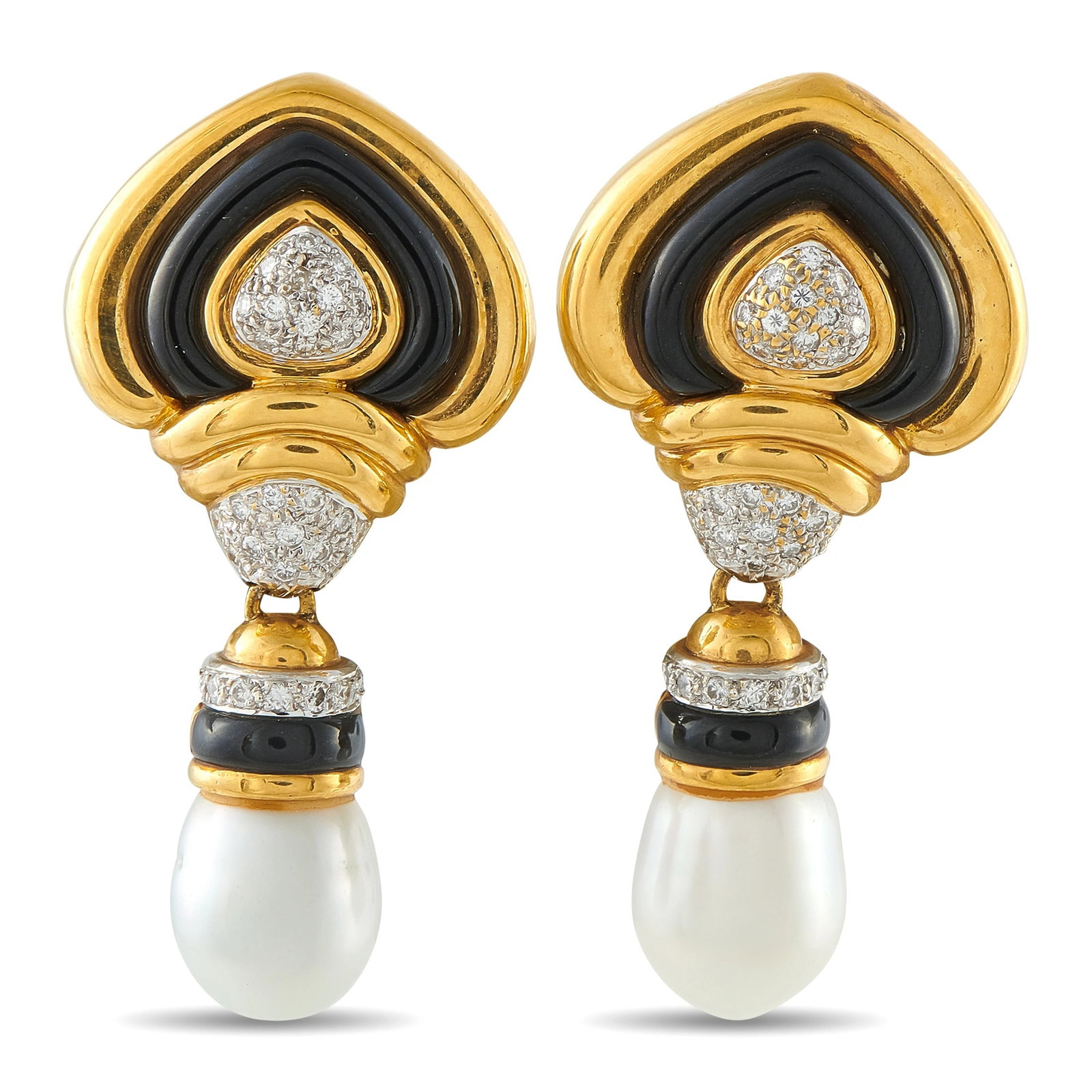 18K Yellow Gold 0.60ct Diamond and Pearl Drop Earrings: A glamorous pair of drop earrings in 18K yellow gold, each featuring a heart-shaped top element inlaid with black gemstone and accented with a pavé diamond center. A pavé diamond connector suspends 