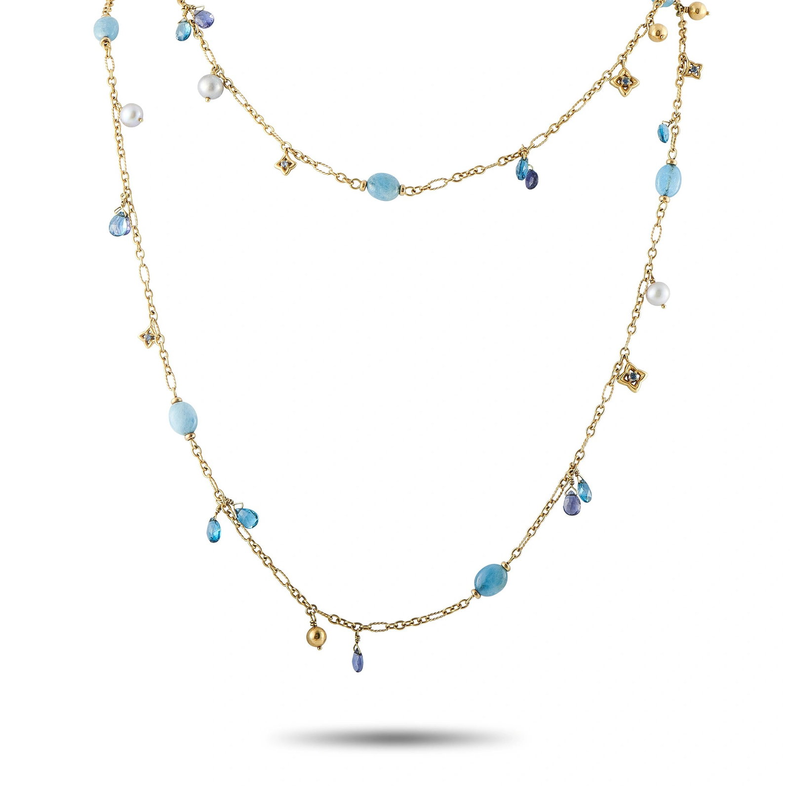 David Yurman 18K Yellow Gold Multi-Gemstone Necklace: This David Yurman necklace will add color, texture, and dimension to any ensemble. On this exquisite piece, a series of multicolored gemstone charms dangle delicately from the 48” chain. It’s 