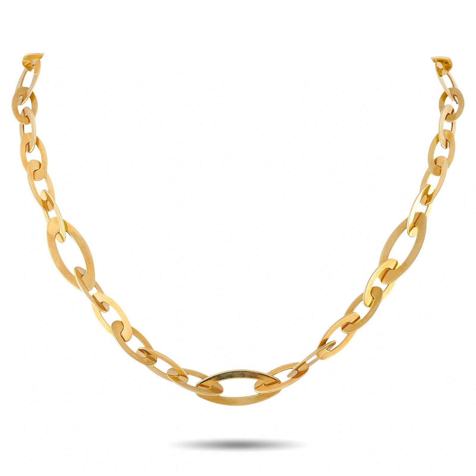 Roberto Coin 18K Yellow Gold Oval Link Necklace: A sophisticated 18K yellow gold necklace by Roberto Coin , composed of substantial polished and brushed elongated oval links in a clean, fluid open-form chain design. The branded toggle clasp bears th