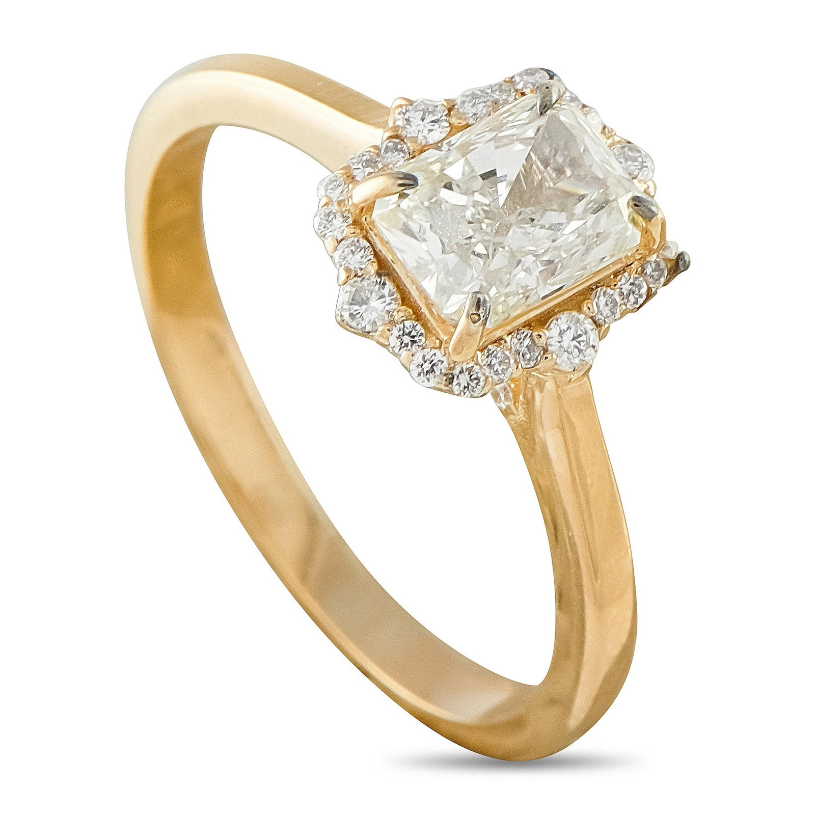 18K Yellow Gold 1.15ct Diamond Ring: Add a touch of subtle sparkle to any ensemble with this luxury ring. A 1.02 carat emerald cut Diamond makes a statement at the center, while a stunning halo of Diamonds totaling 0.13 carats makes it e