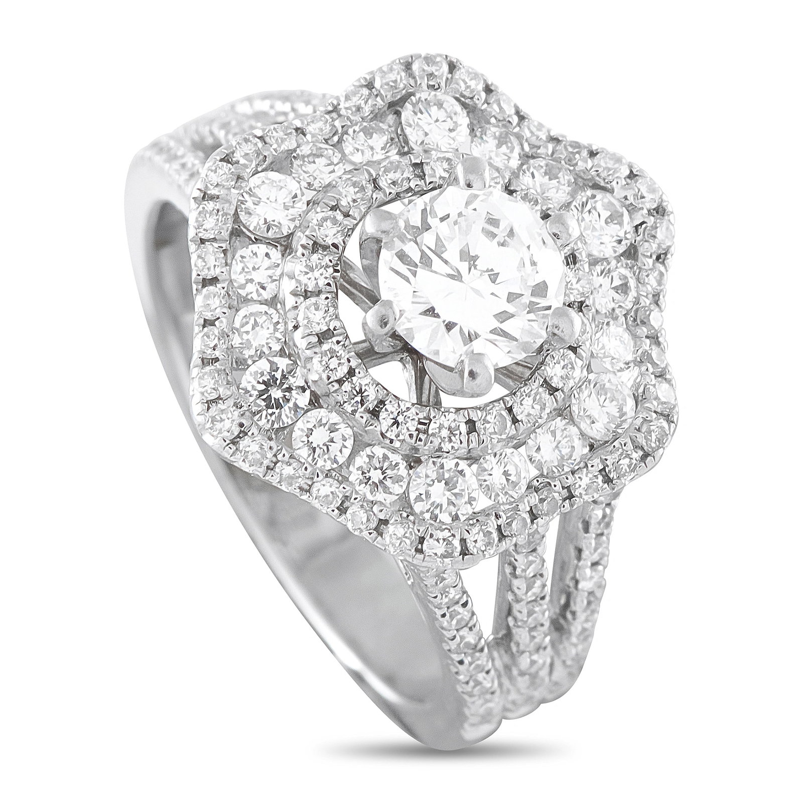18K White Gold 1.25ct Diamond Ring: This luxury ring will continually impress. Elegant and incredibly eye-catching, Diamonds with a total weight of 1.25 carats elevate the 18K White Gold setting. It features a 3mm wide band, a 9mm top h
