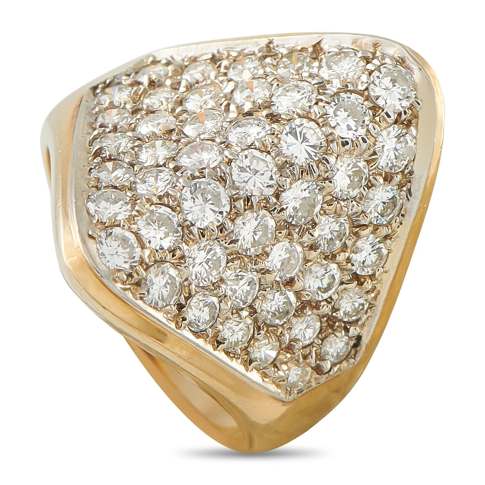 14K Yellow Gold 1.65ct Diamond Ring: A bold cocktail ring in 14K yellow gold, featuring a wide triangular shield-shaped top densely pavé-set with round brilliant diamonds totaling 1.65 carats. The geometric face and deep pavé setting c