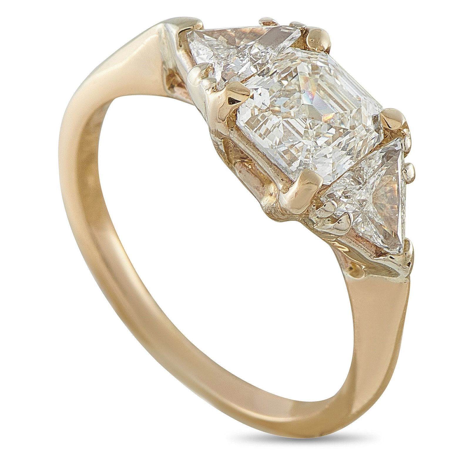 14K Yellow Gold 1.16ct Diamond Ring: This luxury ring is incredibly chic. Set in 14K Yellow Gold, a 0.86 carat Asscher cut diamond makes a statement at the center of the design. Triangular diamond accents with a total weight of 0.30 cara