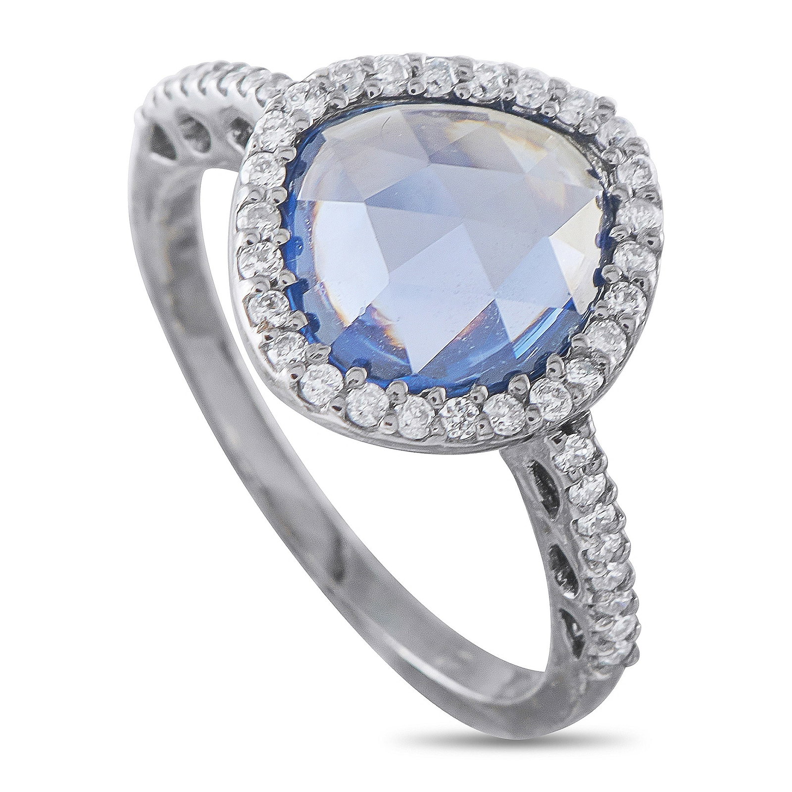 18K White Gold 0.28ct Diamond and Sapphire Ring: A striking halo ring in blackened 18K white gold, featuring a large rose-cut blue sapphire of approximately 2.5 ct framed by a halo of round diamonds and diamond-set shoulders totaling 0.28 ct. Weighi