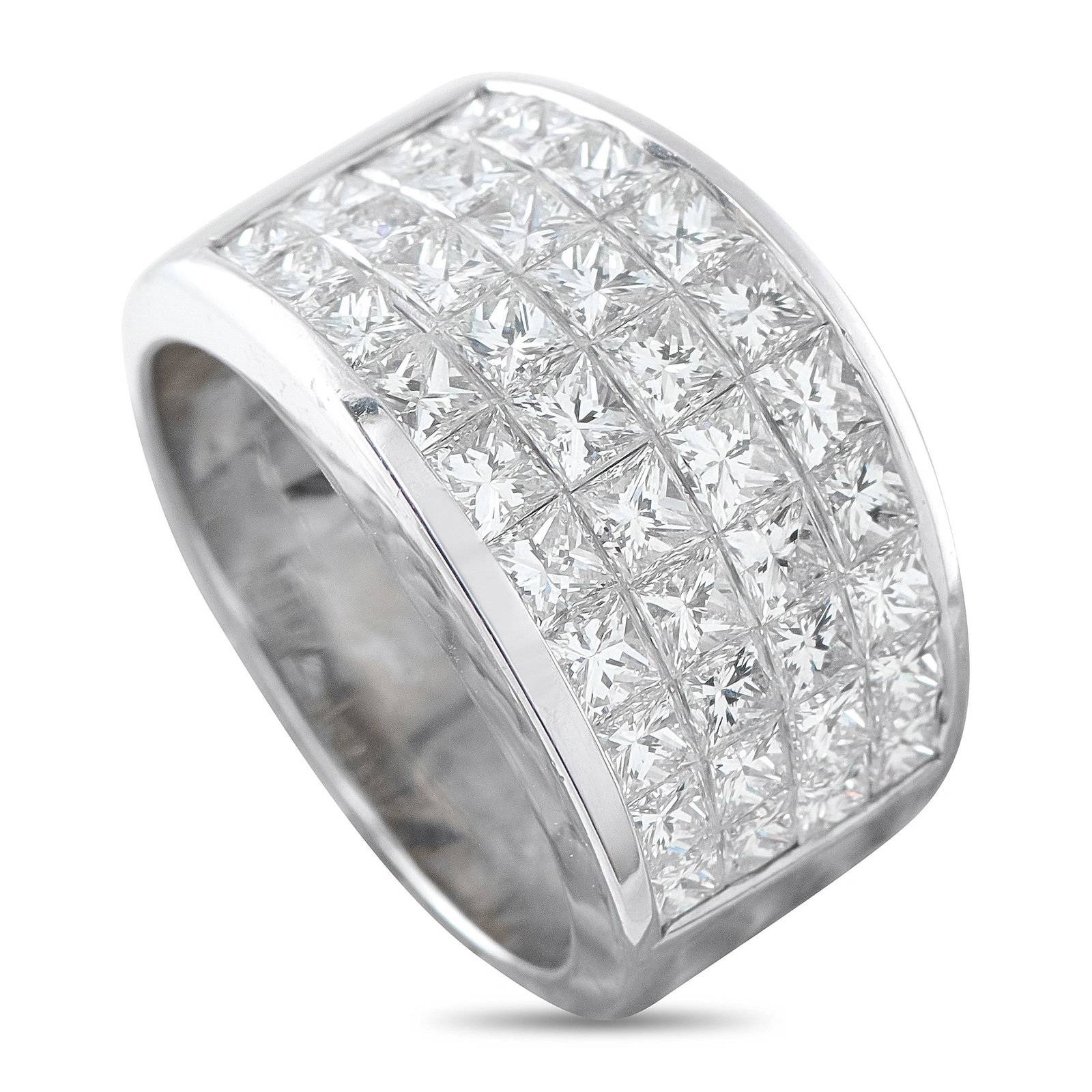 18K White Gold 3.36ct Diamond Wide Band: A stunning wide band ring in 18K white gold, invisibly set with four rows of princess-cut diamonds totaling 3.36 carats across the full face of the band. The seamless invisible setting creates an unin