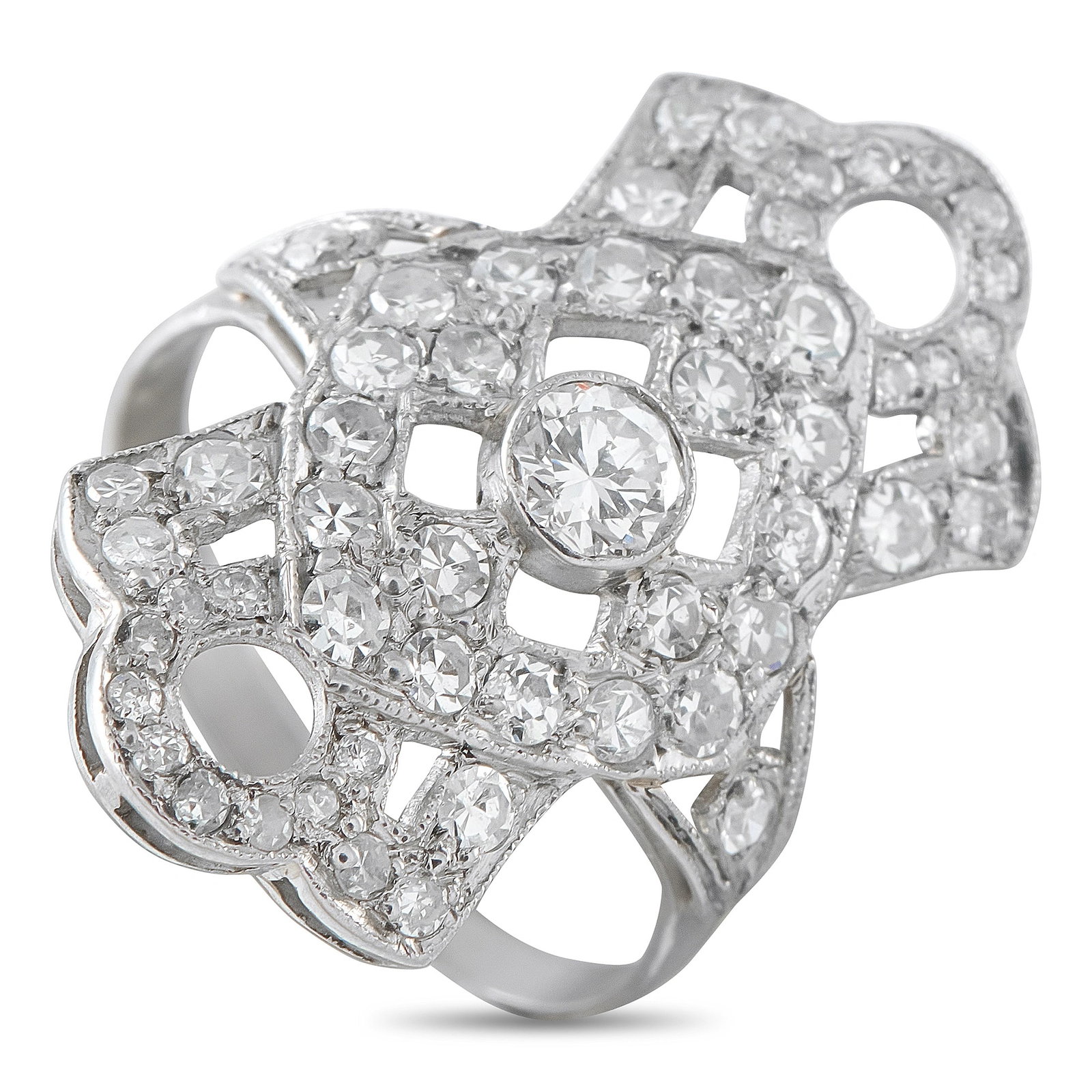 Antique Platinum 1.0ct Diamond Ring: A magnificent antique-style ring in platinum, showcasing an ornate openwork top set with round brilliant diamonds totaling 1.0 carat. The elaborate design centers a bezel-set diamond within a lacy lat