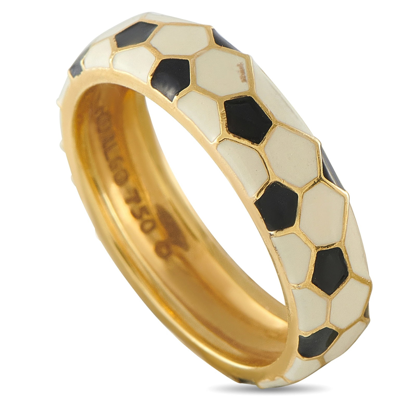 Hidalgo 18K Yellow Gold Enamel Band: This Hidalgo ring is endlessly charming. This piece’s 18K Yellow Gold hexagonal setting comes to life in black and white enamel. Simple, elegant, and perfectly understated, it measures 5mm wide and 