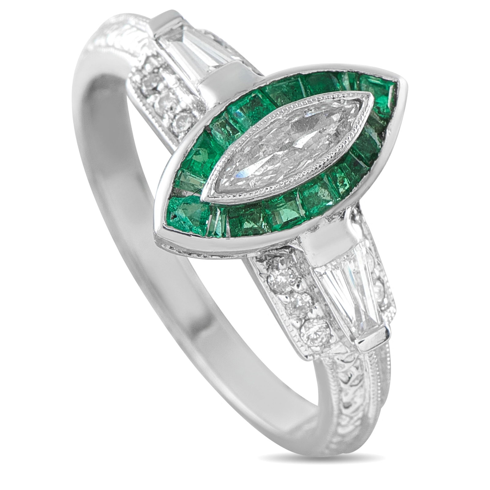 14K White Gold 0.40ct Diamond and Emerald Art Deco Ring: A striking Art Deco design makes this luxury ring an instantly captivating piece that will continually make a statement. Set in 14K White Gold, Diamonds with a total weight of 0.40 carats allow it to 