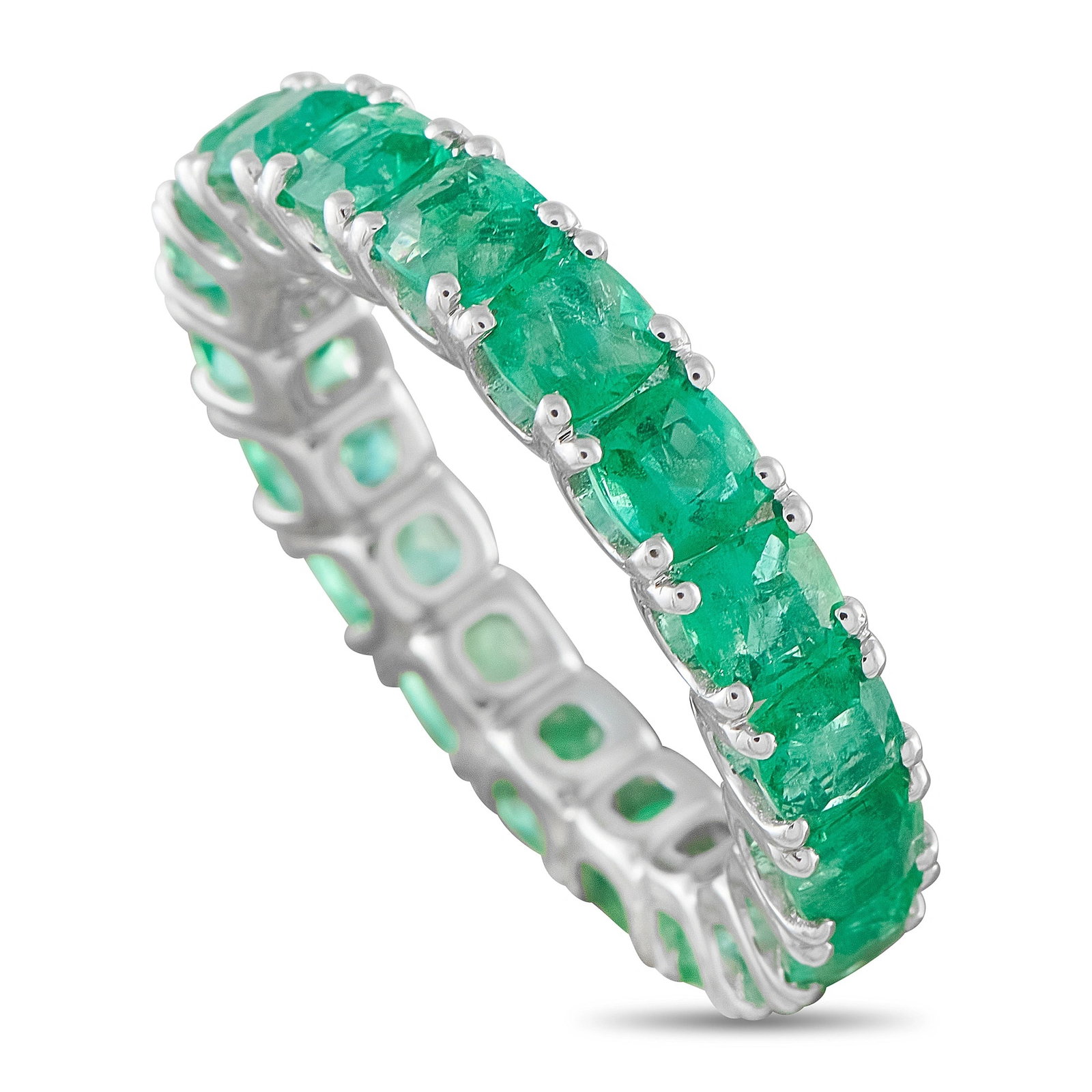 14K White Gold 4.50ct Emerald Eternity Band: A stunning eternity band in 14K white gold, set with cushion-cut emeralds totaling 4.50 carats. The vivid green emeralds encircle the band completely in shared prong settings, creating a continuous sw
