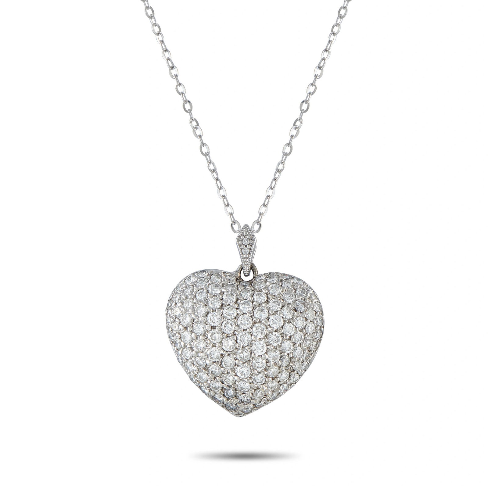 14K White Gold 4.0ct Diamond Heart Pendant: This luxury necklace is designed to make a statement. Crafted from 14K White Gold, the heart-shaped pendant comes to life thanks to dazzling inset Diamonds with a total weight of 4.0 carats. The penda