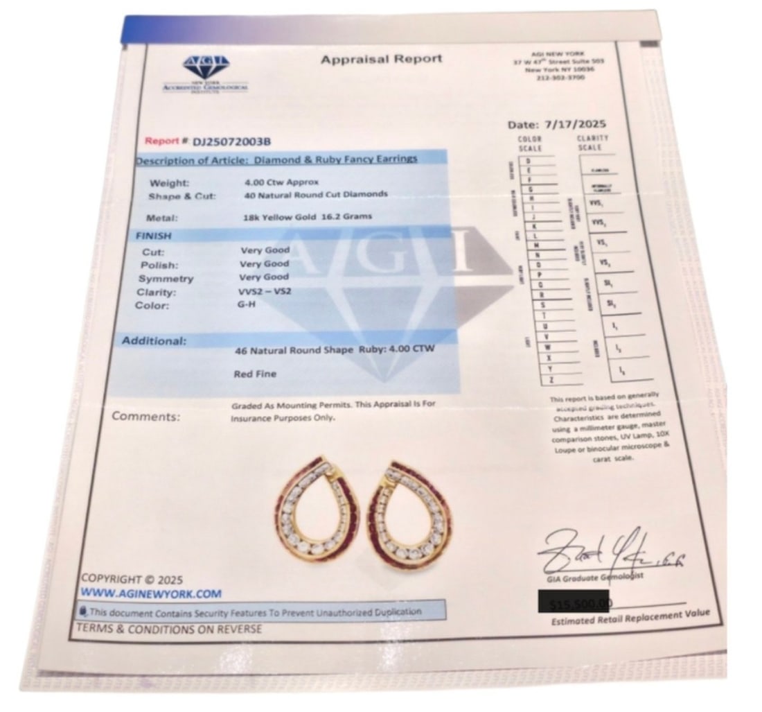 18K Yellow Gold Diamond and Ruby Large Earrings - 10