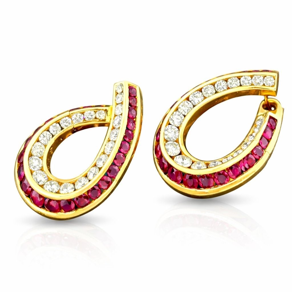 18K Yellow Gold Diamond and Ruby Large Earrings - 2