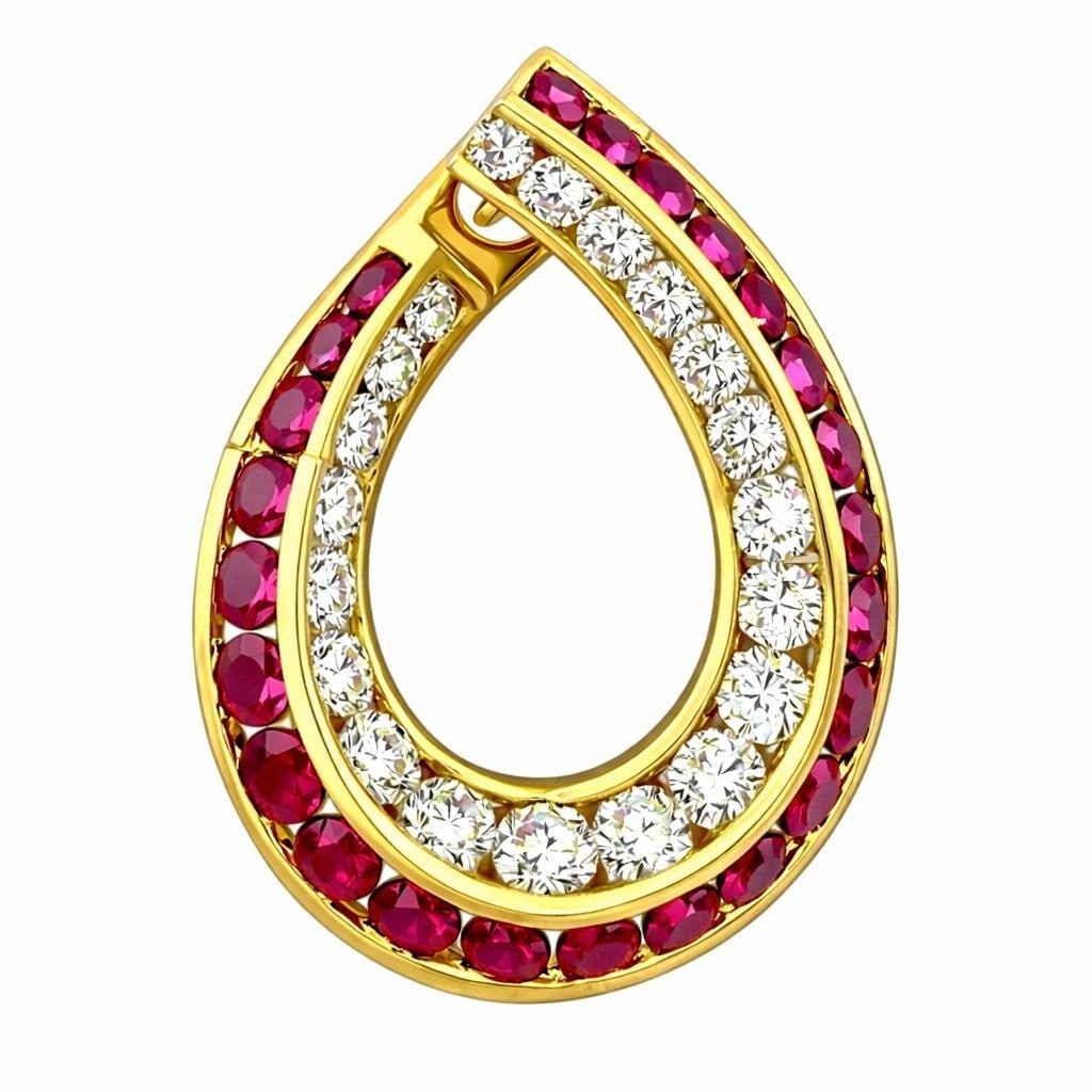 18K Yellow Gold Diamond and Ruby Large Earrings - 3