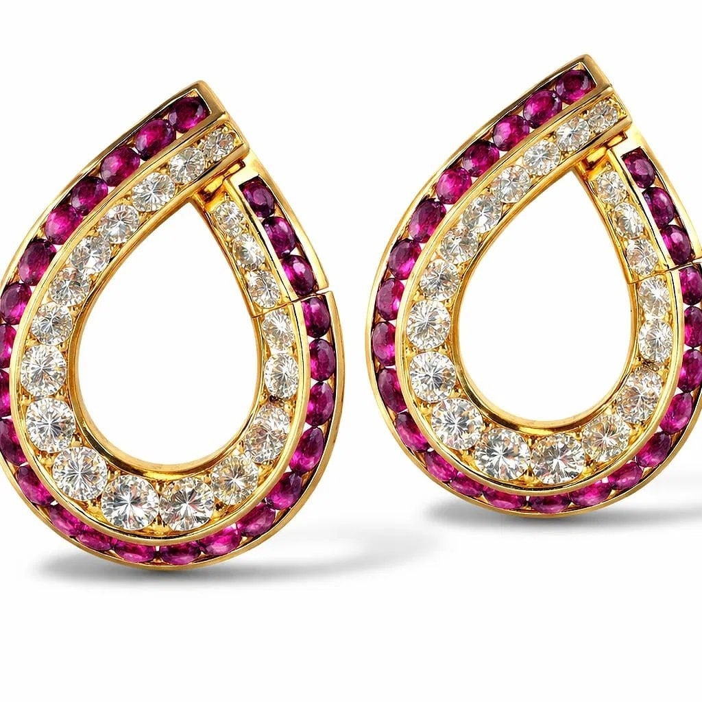 18K Yellow Gold Diamond and Ruby Large Earrings - 4