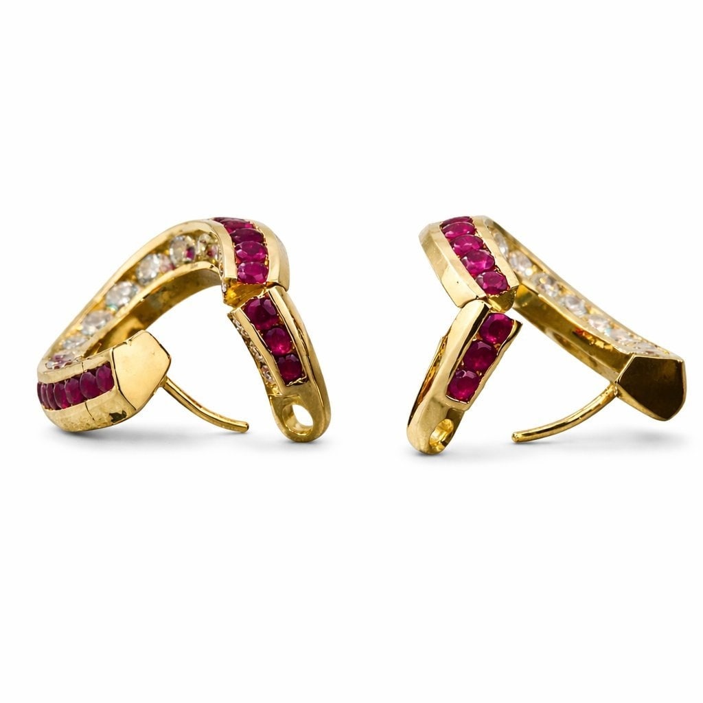 18K Yellow Gold Diamond and Ruby Large Earrings - 5