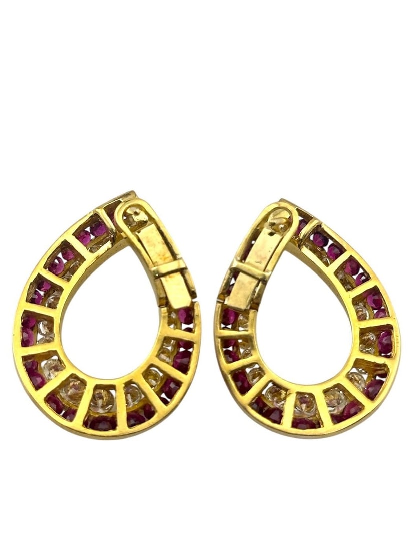 18K Yellow Gold Diamond and Ruby Large Earrings - 7