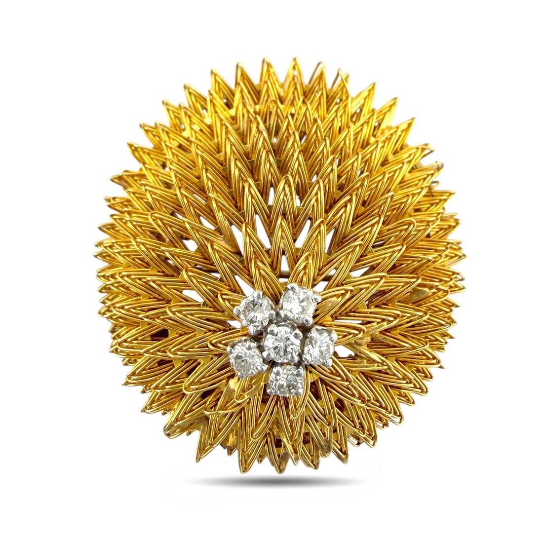 Hammerman Brothers 18K Yellow Gold 0.54ct Diamond Radiant Triangle Brooch: Hammerman Brothers 18K Yellow Gold 0.54ct Diamond Radiant Triangle Brooch A striking round brooch crafted in rich 18 karat yellow gold, featuring an intricate triangular motif that radiates outward ac