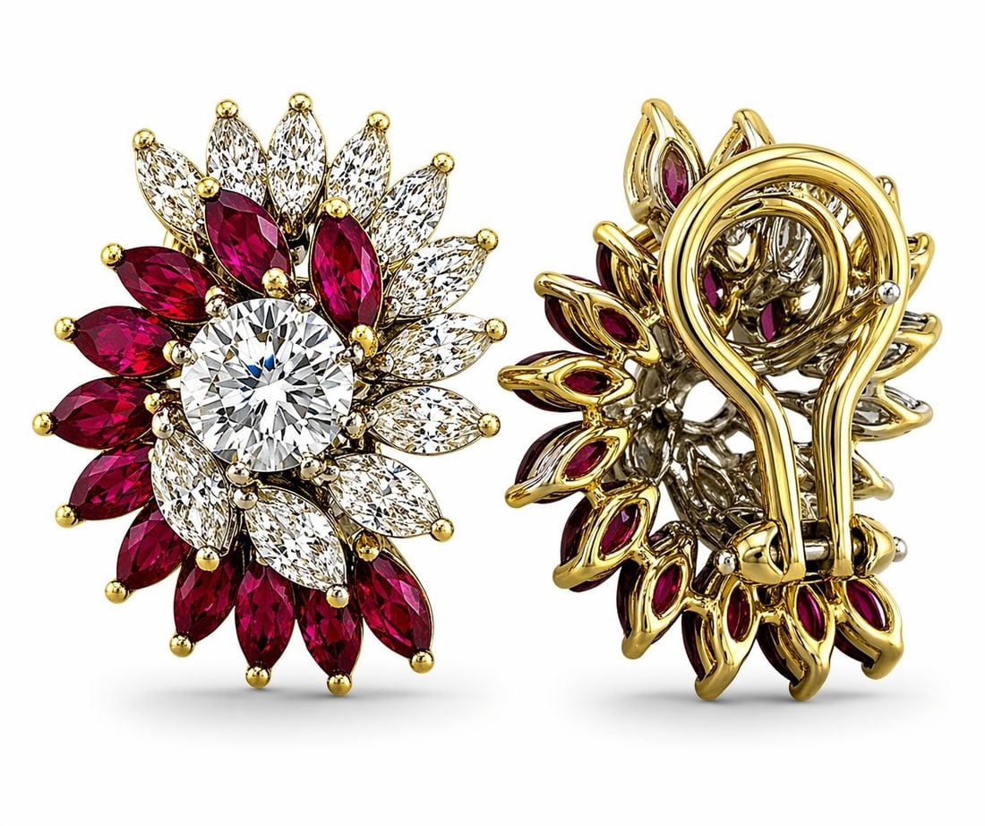 18K White and Yellow Gold 3.2ct Diamond and 1.8ct Ruby Earrings - 5