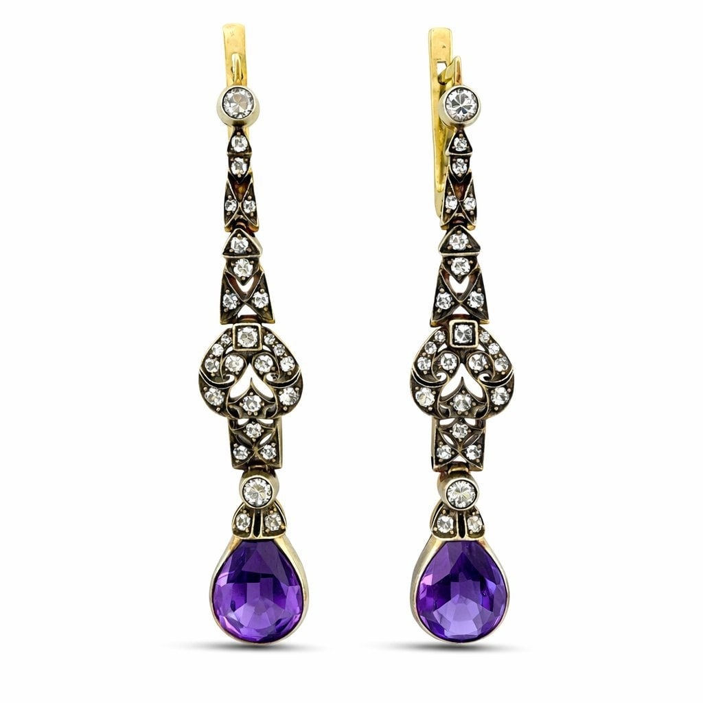Imperial Russian 14K Yellow Gold Amethyst and 2ct Diamond Drop Earrings: 14K Yellow Gold Imperial Russian Amethyst and 2ct Diamond Drop Earrings An elegant pair of Imperial Russian inspired drop earrings crafted in rich 14 karat yellow gold, marked A.G in Cyrillic. The elo