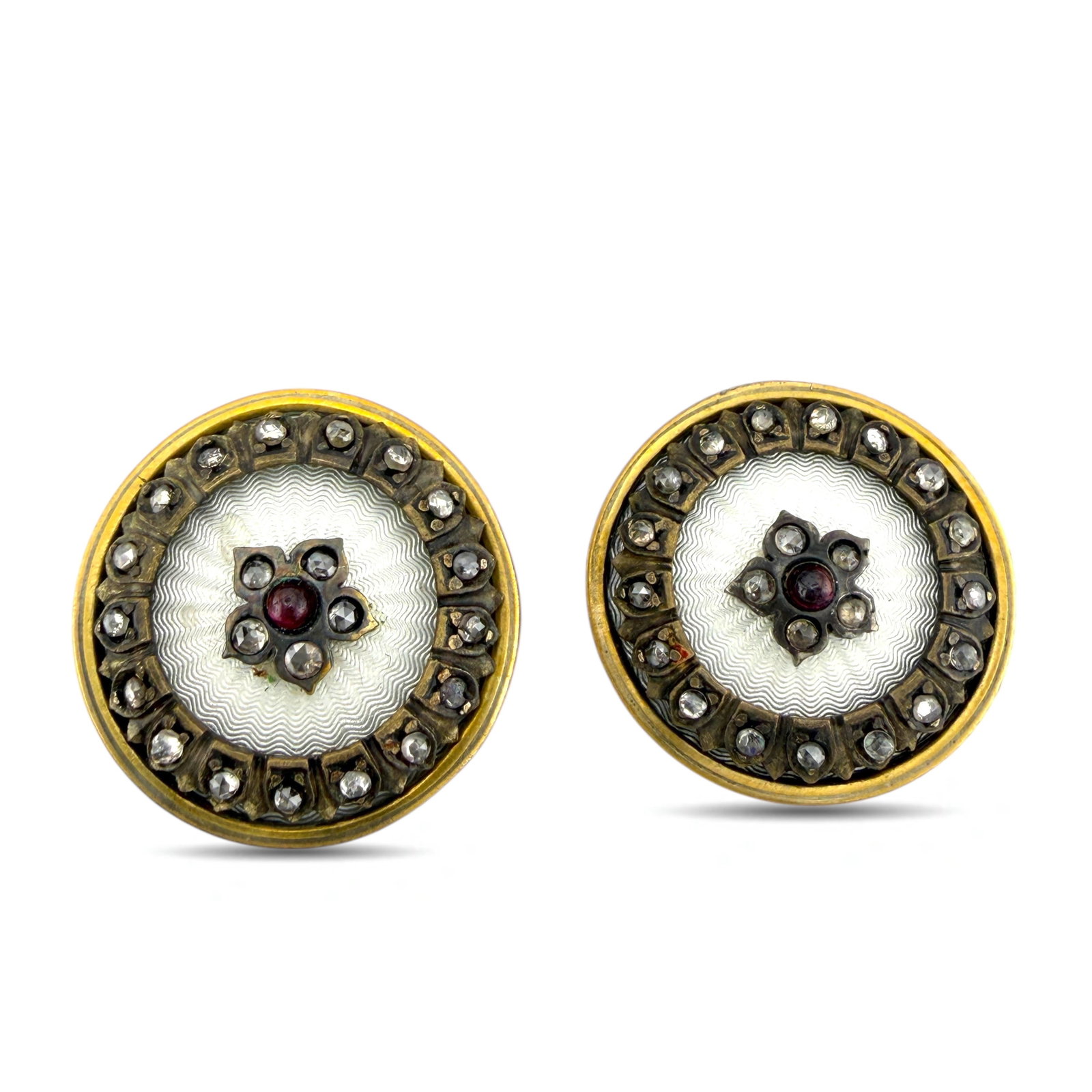 Faberge Imperial Russian Silver 0.44ct Diamond and Ruby Cufflinks: Faberge Imperial Russian Silver 0.44ct Diamond and Ruby Cufflinks An elegant and collectible pair of Faberge cufflinks crafted in 84 silver, distinguished by refined enamel and classic gemstone detail
