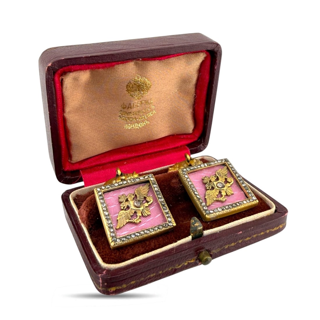 Imperial Russian 88 Assay Silver Faberge 0.70ct Diamond and Enamel Cufflinks: Imperial Russian 88 Assay Silver Faberge 0.70ct Diamond and Enamel Cufflinks A remarkable pair of Imperial Russian cufflinks attributed to Faberge, designed in a square form with vivid pink enamel and
