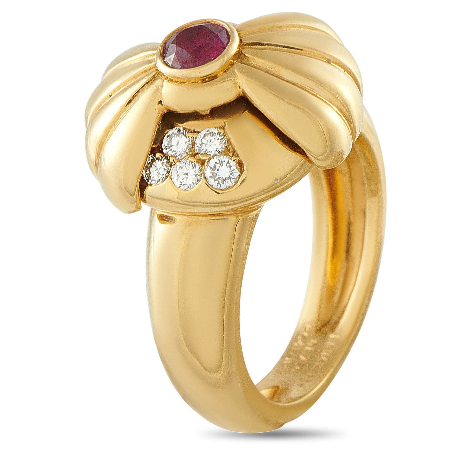 Boucheron Vintage 18K Yellow Gold Diamond and Burma Ruby Ring: BOUCHERON Vintage 18K Yellow Gold Diamond and Burma Ruby Ring A unique design makes this vintage Boucheron ring an elegant addition to any jewelry collection. Crafted from 18K Yellow Gold, inset gemst