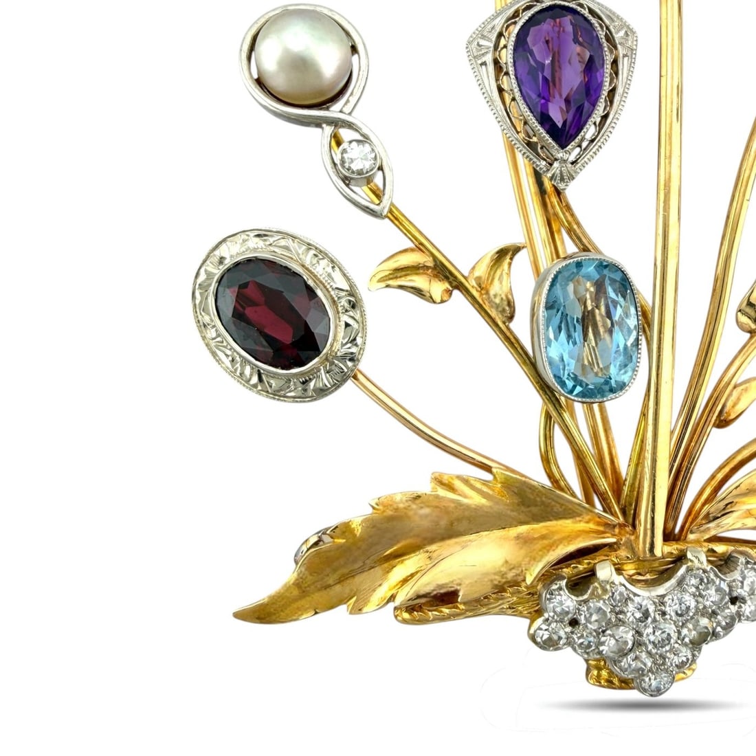 14K Yellow Gold Multi Gemstone and 1.0ct Diamond Basket Flower Brooch (1 of 4)