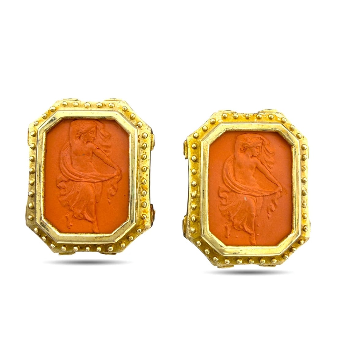 Antique 14K Yellow Gold Dancing Woman Earrings: Antique 14K Yellow Gold Carved Red Coral Dancing Woman Earrings These antique vintage earrings are crafted in 14K yellow gold and feature center stones depicting a full body female figure in motion, a